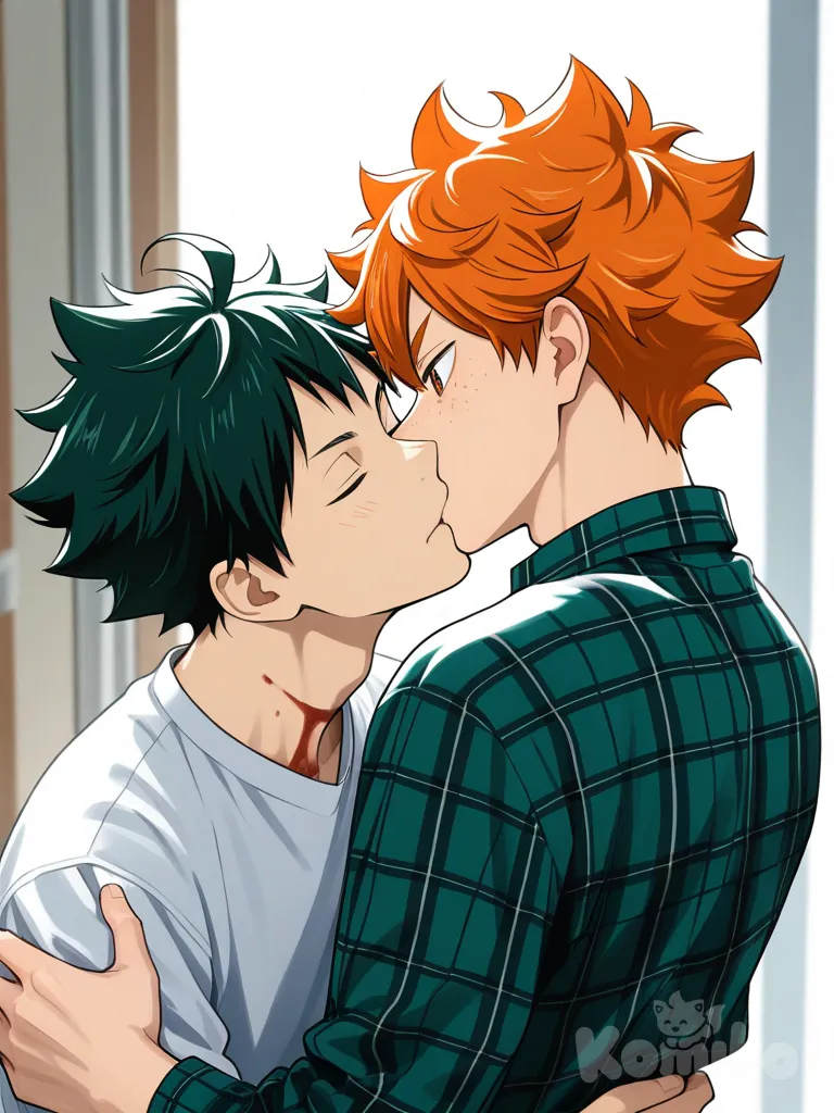 Yamaguchi Tadashi, Haikyuu!!, 1° garoto,sardas,
cabelo curto verde-acinzentado escuro com uma mecha rebelde no topo, camisa xadrez verde, ele está sendo mordido por Hinata, seus olhos estão quase fechando, tem sangue no pescoço e roupa Hinata Shouyou, Haikyuu!!, olhos laranja, cabelo laranja, cabelo curto, roupa amarela, camisa de manga comprida, ele morde Yamaguchi, uma de suas mãos segura a cintura de Yamaguchi e a outra segura seu braço, olhos fechados, está atrás de Yamaguchi., [soft-painterly-style], 2boys.