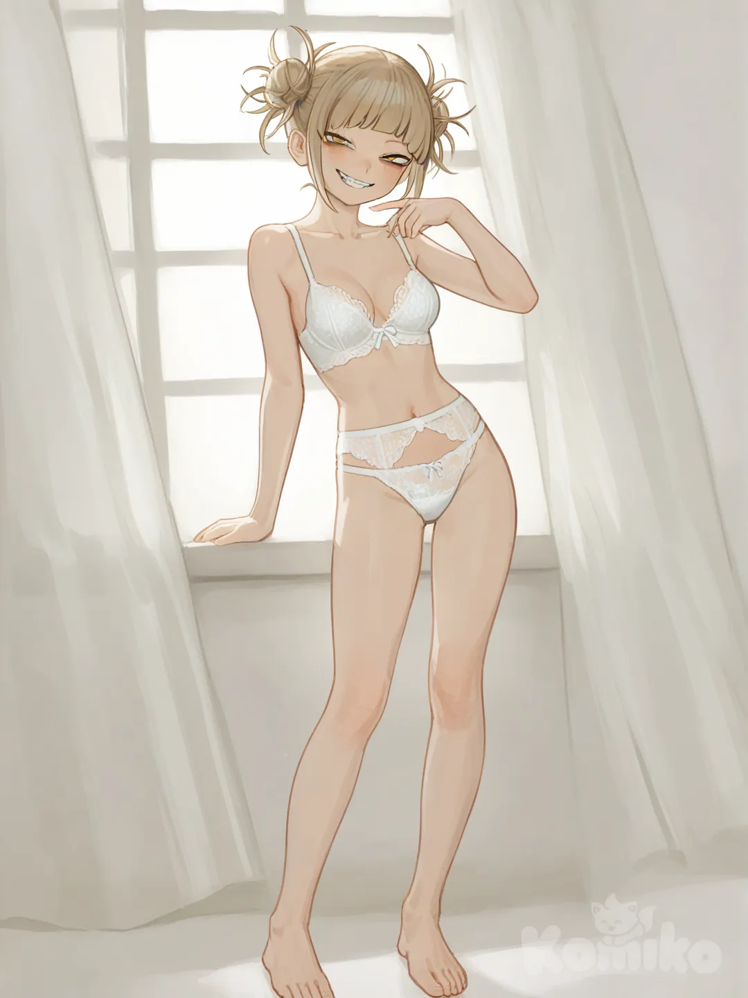 @Toga_Himiko, em pé, sorrindo, de frente, está usando uma lingerie branca de renda, [soft-painterly-style]