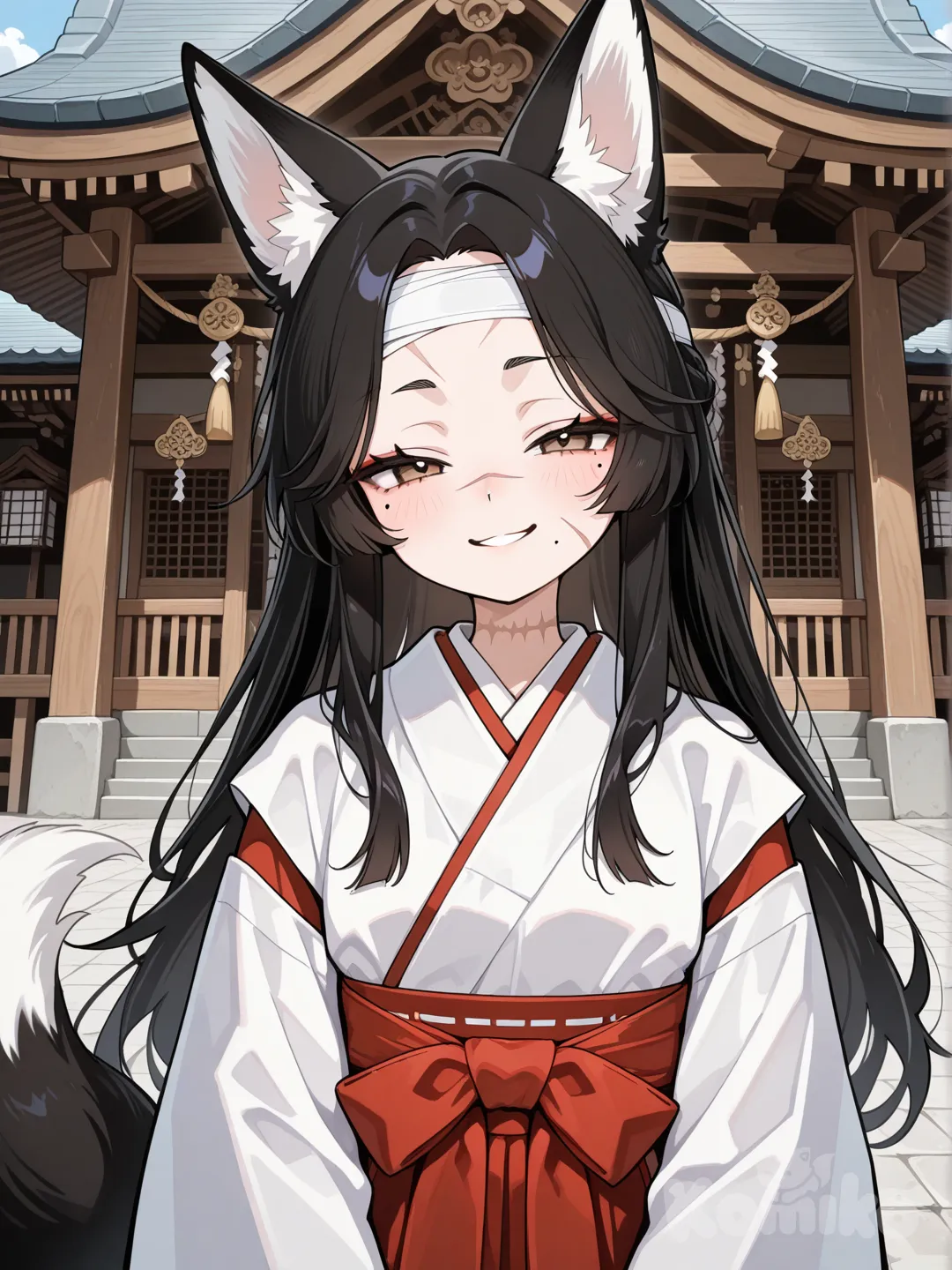 kitsune, a girl aged from 24 years old with long, loose black hair to her shoulders with white traditional white cloth bandages on the locks of hair on the sides of the hairstyle without bangs with an open forehead and delicate features of a beautiful face with thin black eyebrows arched thin nose and mouth with a mole on the left cheek almond shaped eyes with brown eyes with blue pronounced and prominent circles around brown eyes, a sly and lazy expression on her face, a scar on her neck that is almost straight and with an angle on the cheek floor, she is dressed in a traditional costume of Shinto priestesses at the temple