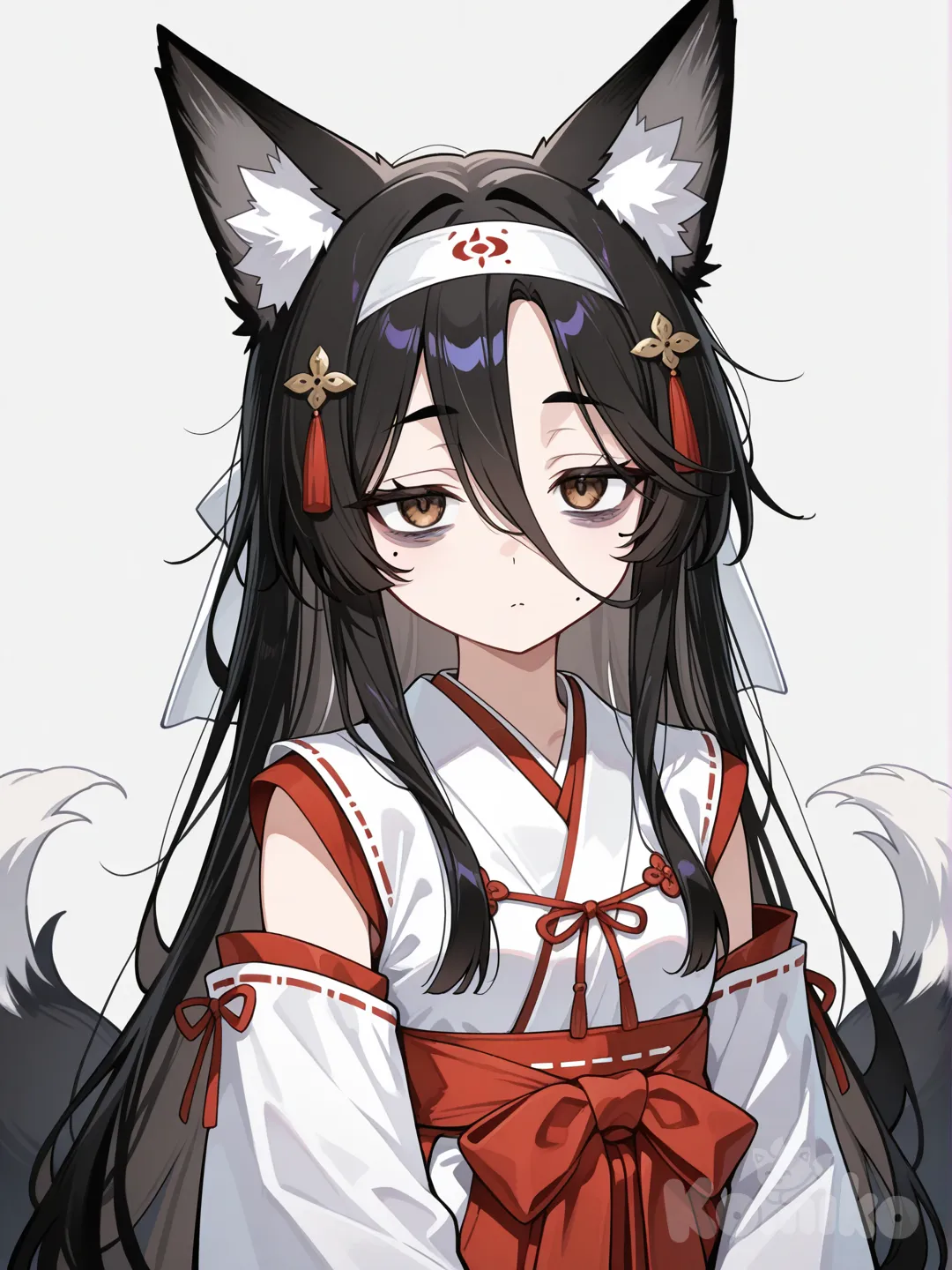 kitsune, a girl with long, loose, shoulder-length black hair with white traditional cloth headbands on the sides of her hair, no bangs, an open forehead, and delicate features. She has beautiful, thin, black eyebrows, an arched nose, and a mouth with a mole on her left cheek. Her eyes are almond-shaped and brown, with dark circles around them. She is dressed in the traditional costume of a Shinto priestess.