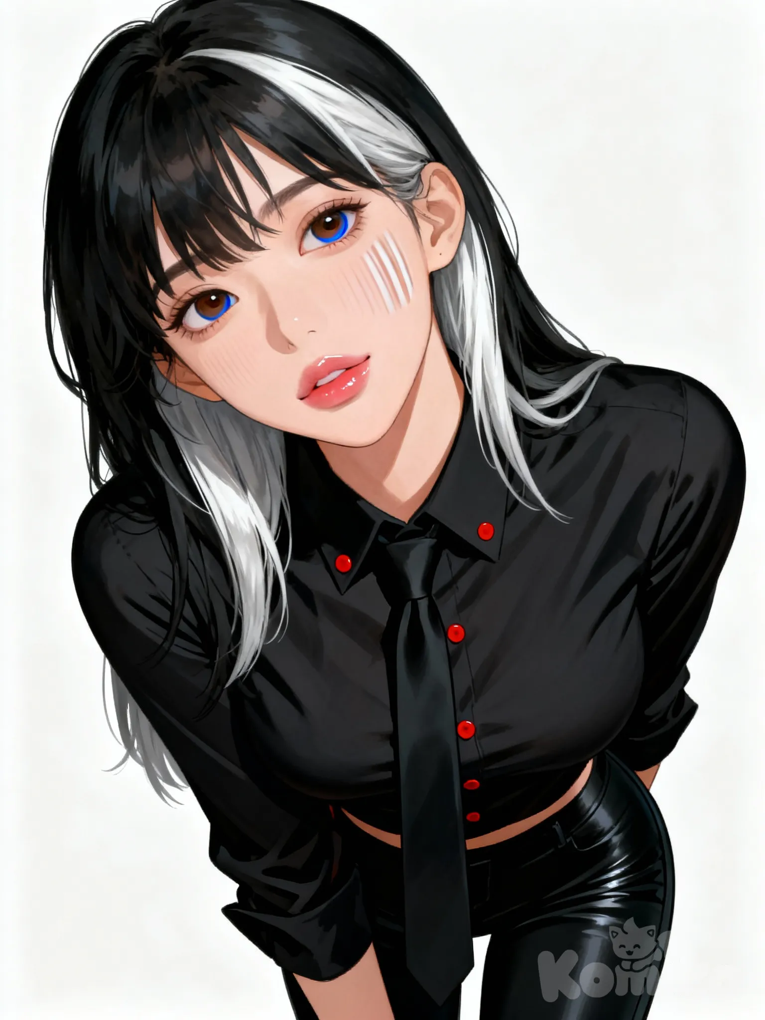 kitsune, The woman has long black hair with silver streaks that are white, as if she is partially gray-haired. Her hairstyle is loose and reaches her shoulders, with no bangs that cover her forehead. Her face is oval, with a slightly pointed chin. Her cheekbones are visible, with stripes running down them. Her eyes are almond-shaped, with a calm and neutral gaze. Her pupils are dark brown, with blue circles surrounding them. Her shoulders are slightly broad. Dressed in a black shirt with red buttons and a tie. Wearing tight black pants. physically developed but feminine. , looking at viewer, head tilt, [semi-realistic-portrait-style]