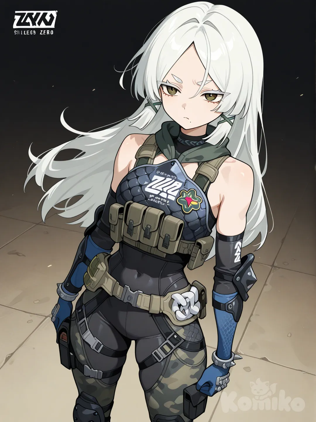 zenless zone zero, Anime style, loose white hair long Female Straight Hair without Bangs with a bare forehead, The shape of the head is oval, straight and long arched eyebrows long with a hint of steel color, his expression is calm and neutral and his eyebrows are serious, Mendaliform eye shape slightly wide, iris color is brown with blue circles near brown pupils, cheekbones, mole around lip, slim athletic build, tactical military suit with body armor and shoulder pads and knee pads elbow protection parts, camouflage color - winter camouflage but with a color similar to the skin of snake scales, calm pose, straight arms to the sides, Woman