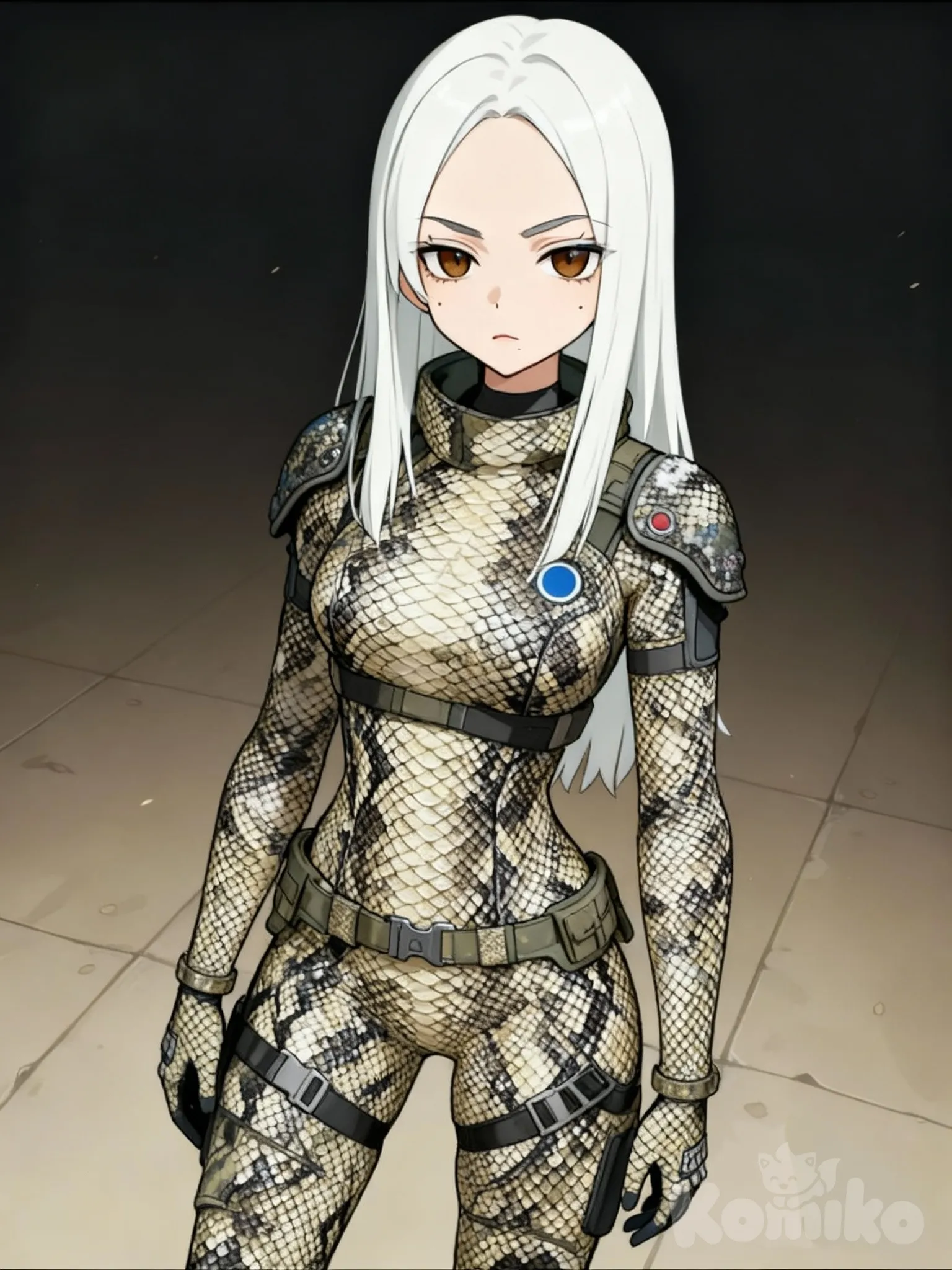 zenless zone zero, Anime style, loose white hair long Female Straight Hair without Bangs with a bare forehead, The shape of the head is oval, straight and long arched eyebrows long with a hint of steel color, his expression is calm and neutral and his eyebrows are serious, Mendaliform eye shape slightly wide, iris color is brown with blue circles near brown pupils, cheekbones, mole around lip, slim athletic build, tactical military suit with body armor and shoulder pads and knee pads elbow protection parts, camouflage color - winter camouflage but with a color similar to the skin of snake scales, calm pose, straight arms to the sides