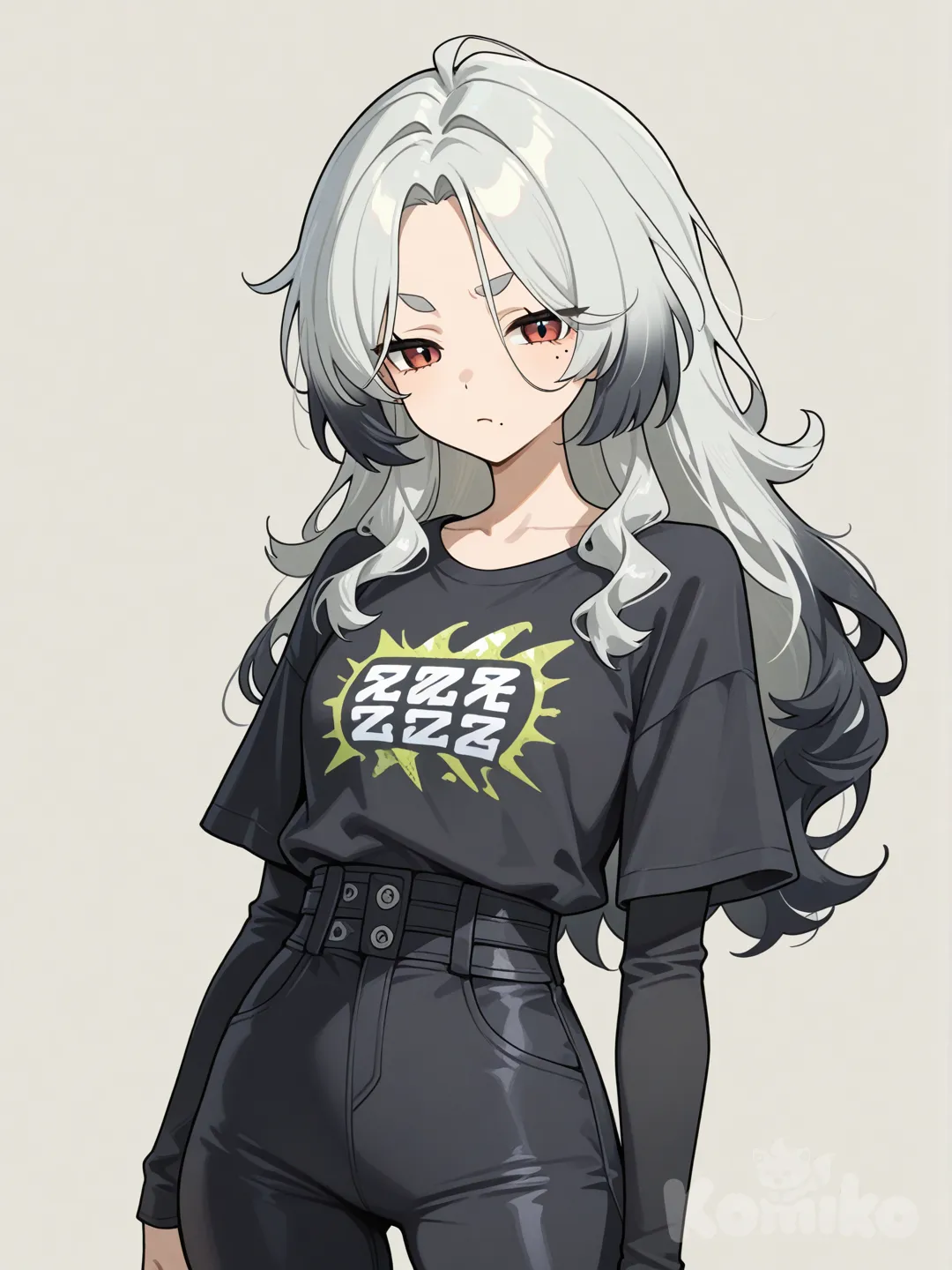 zenless zone zero, Anime, A woman with wavy loose black hair with a silvery shade of silver at the tips of black long wavy loose hair. The hairstyle itself is loose and shoulder-length without bangs, completely covering her forehead. The face shape is oval, slightly pointed at the chin. Cheekbones on the face. The eyebrows are arched and slightly thick. The eyes are in a mendaliform section at the bottom of the epicanthus eyes. The look is neutral, calm, neutral, expressing a slight sullenness. There is a mole on the left near the lips. Tall stature. She was wearing a black T-shirt that reached to her forearm. Tight black pants.