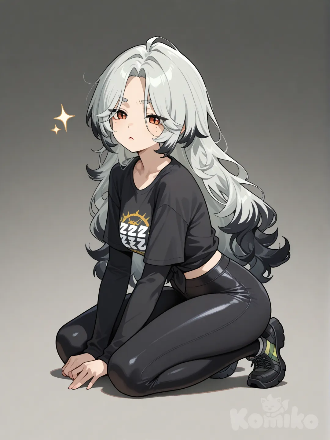 zenless zone zero, Anime, A woman with wavy loose black hair with a silvery shade of silver at the tips of black long wavy loose hair. The hairstyle itself is loose and shoulder-length without bangs, completely covering her forehead. The face shape is oval, slightly pointed at the chin. Cheekbones on the face. The eyebrows are arched and slightly thick. The eyes are in a mendaliform section at the bottom of the epicanthus eyes. The look is neutral, calm, neutral, expressing a slight sullenness. There is a mole on the left near the lips. Tall stature. She was wearing a black T-shirt that reached to her forearm. Tight black pants.