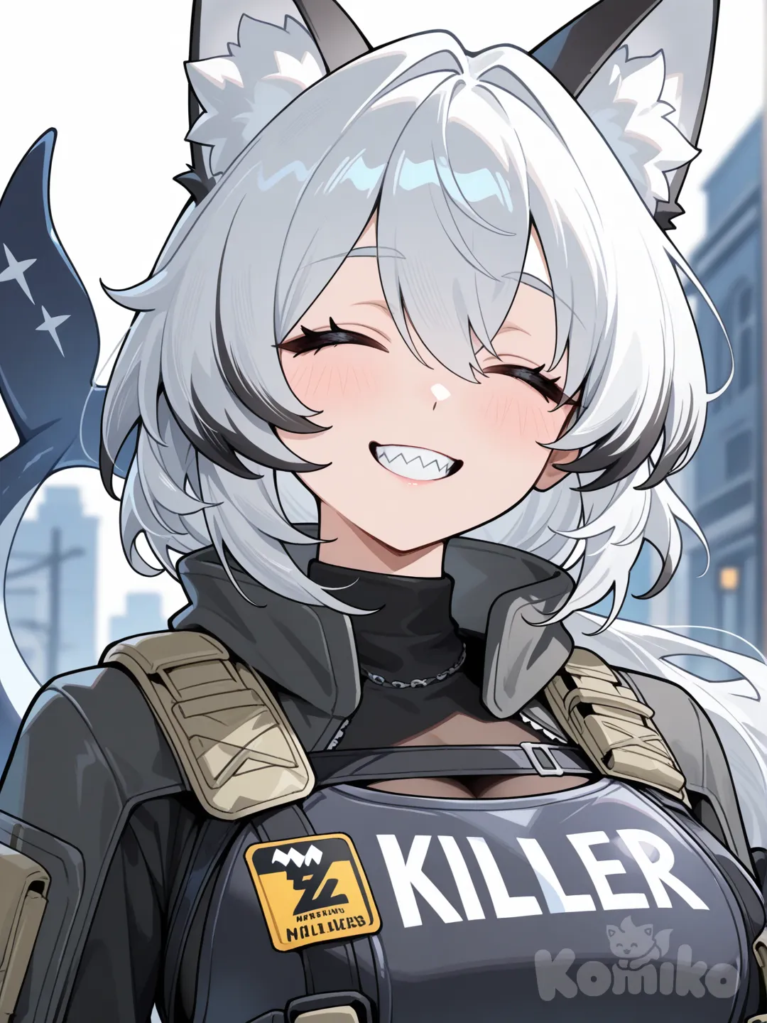Zenless Zone Zero, mature woman, Eyes Always Shut, toothy smile with sharp teeth, tall woman, tiren killer whale, tactical suit with body armor and unloading, loose long hair, mature woman, closeup, blurred background