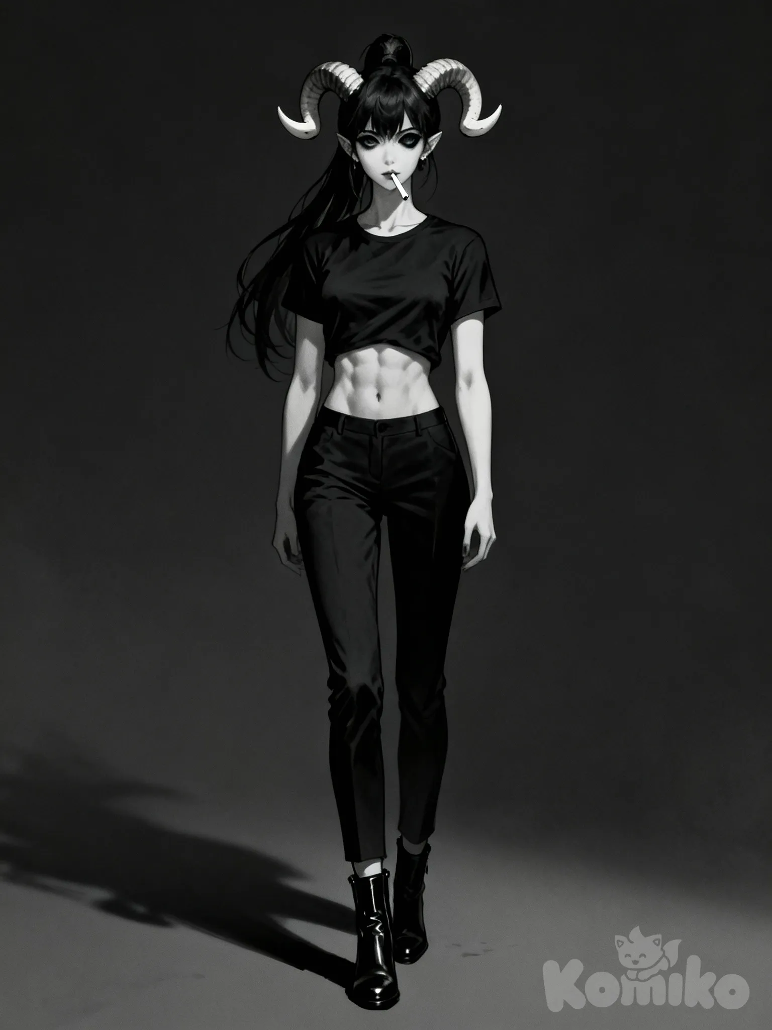 Zenless Zone Zero, arched banana horns, long black loose hair in a high ponytail, woman demon, mendala-shaped black eyes, circles under eyes double eyelid, athletic body with six-pack abs, tall and stately demon woman, black T-shirt without inscriptions and black trousers with ankle boots, serious and mature serious face, gothic style, looking at viewer, full body, cigarette in mouth