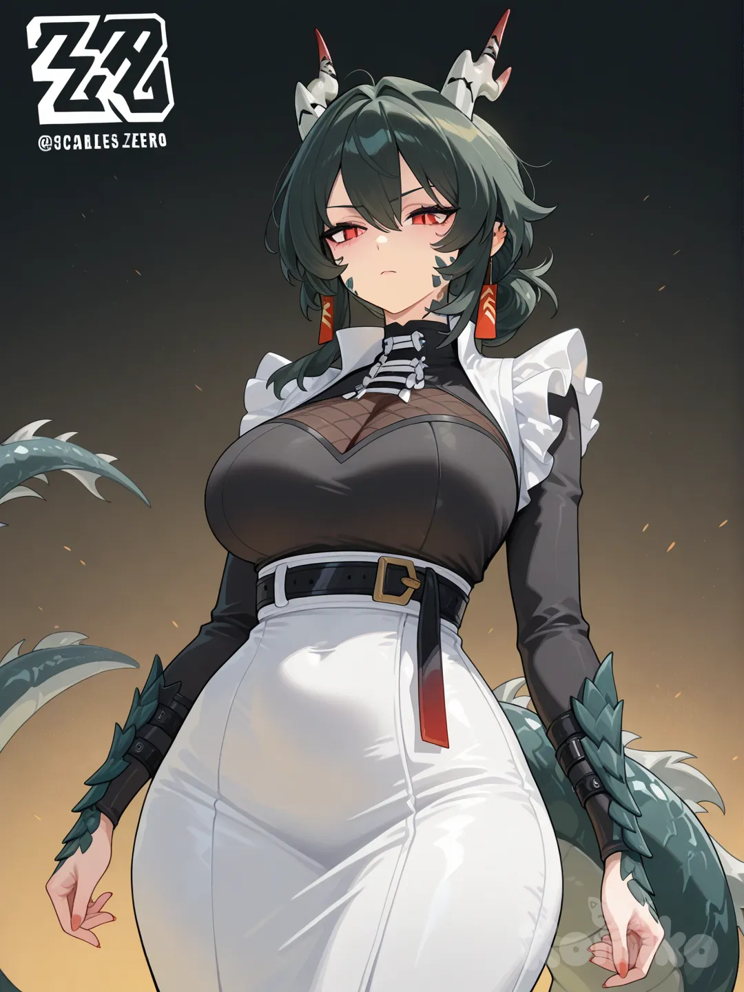 zenless zone zero, dragon woman, expressive calm scarlet crimson eyes with black pupils like those of reptiles, serious, mature woman 