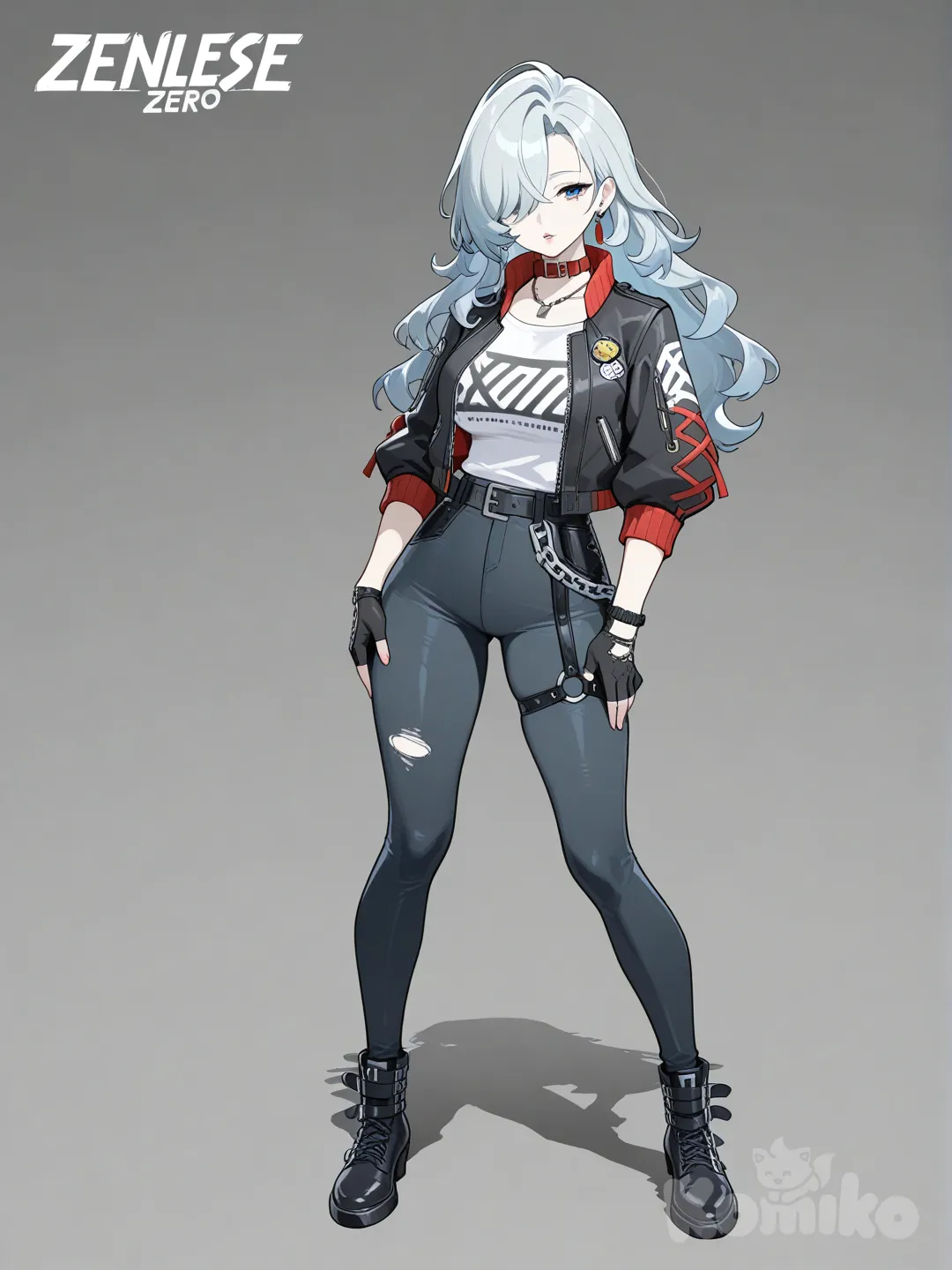 zenless zone zero, The woman's face is framed by long, silver-blue hair, slightly wavy. Her eyes are a striking blue and her skin tone is fair. Lips look full. She is wearing a dark jacket with red lining, collar and details. On her neck she has a dark detail that resembles a necklace or collar. mature woman, full body