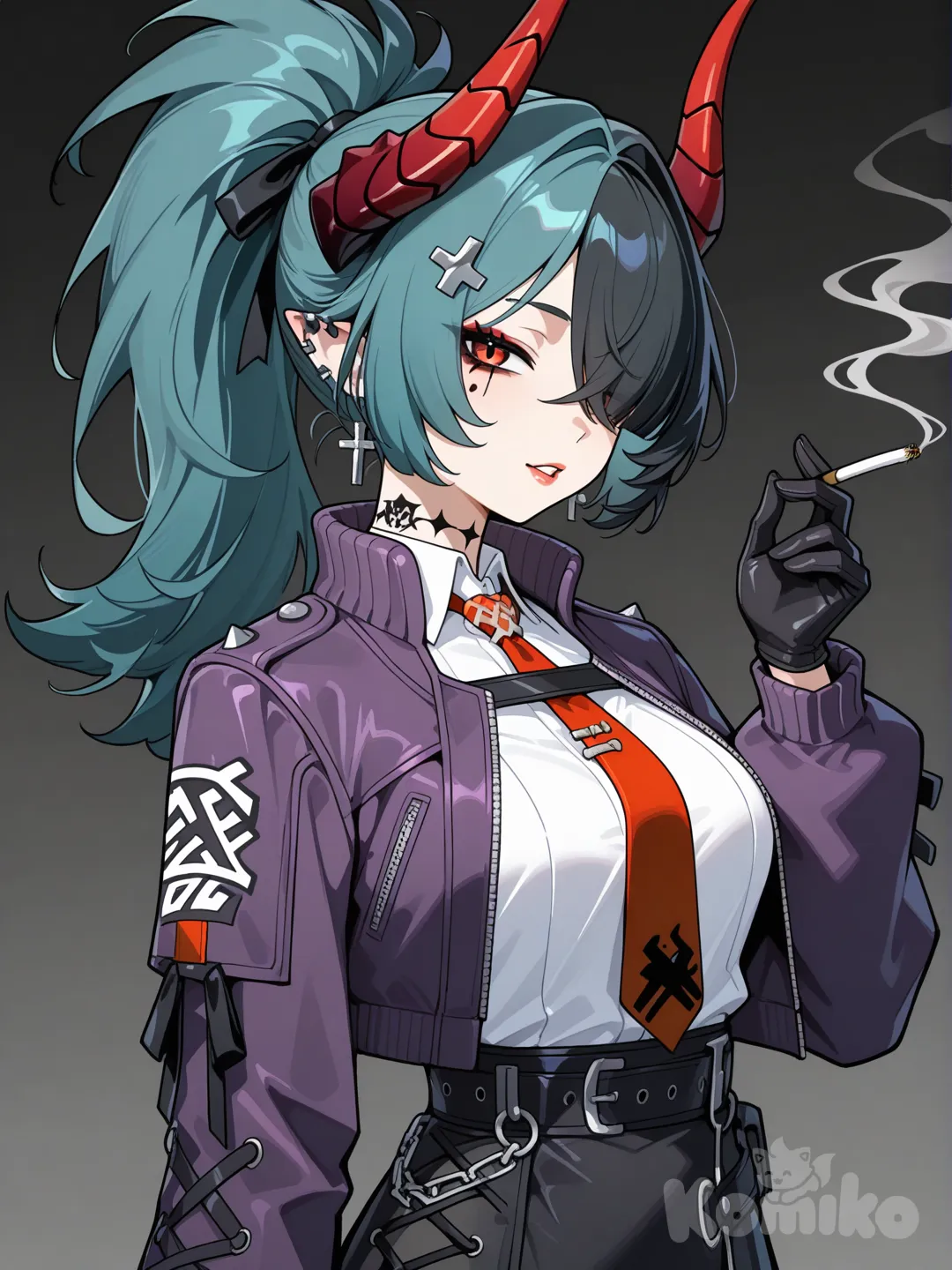 Zenless zone zero, На изображении изображена женщина, предполагаемого возраста от 20 до 30 лет, среднего роста и стройного телосложения.
1. Лицо женщины украшено декоративным макияжем с выразительными черными стрелками и тенями. У нее острый подбородок и тонкие губы. Ее волосы разделены на черную и бирюзовую части, часть волос собрана в высокий хвост, а часть спадает на лицо. У нее красные рога и крестообразный аксессуар на голове, что напоминает черты демона. На коже имеются татуировки, включающие иероглифы на шее.
2. Она одета в фиолетовый пиджак с красным галстуком и белой рубашкой, что создает формальный вид. Она носит черную юбку.
3. Выражение лица женщины спокойное, она слегка приоткрыла рот, создавая впечатление расслабленности. Она держит что-то, напоминающее сигарету, и выпускает дым. Ее осанка прямая, что придает ей уверенный вид.
4. В целом, ее образ сочетает формальный стиль с элементами готического и демонического образа. Ее внешний вид намекает на некую роль в неформальной среде.