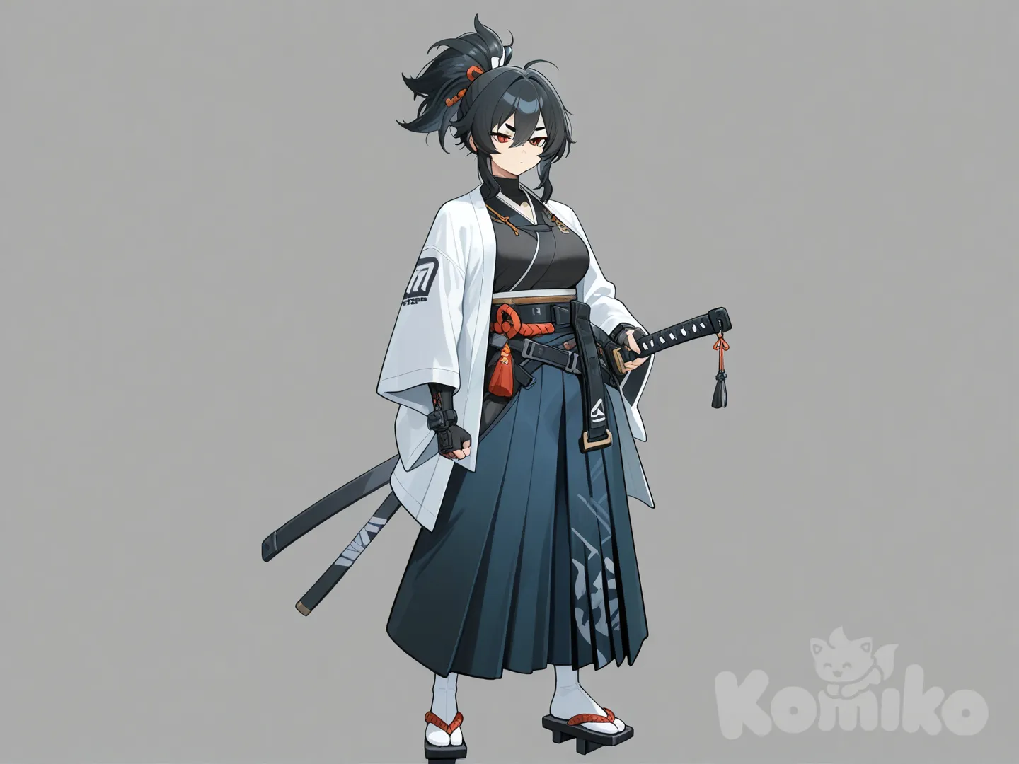 zenless zone zero, tall girl, mature woman, athletic build, dressed in a black kimano, over a white haori, and a blue hakama, shod in white tabis and wooden sandals, with a white scabbard and a silver traditional tsuba katana in her belt, in addition to a tanto katana, a loose black hairstyle with a high ponytail, an open forehead, thin black eyebrows, oval head shape, a clear eye cut, and calm, intently focused facial expressions, calm upright posture