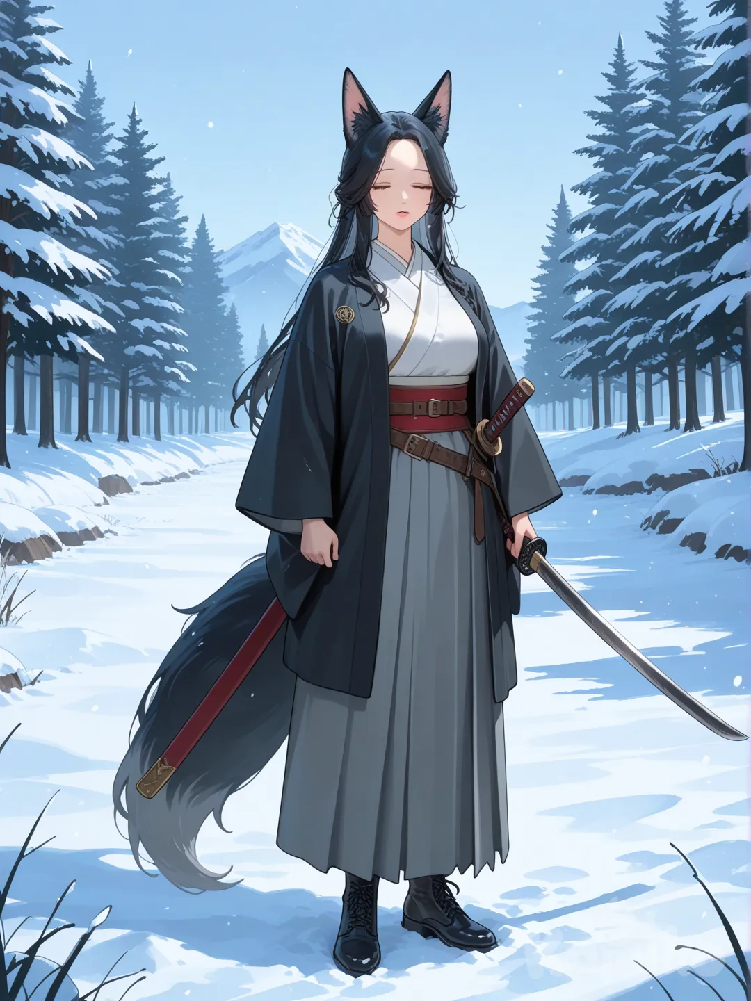 Middle Ages fetesi, young girl, Tail Woman, Mature woman, calm expression, black hair, loose hair, gray tips of hair, no bangs, open forehead, closed eyes, thin lips, slender, kitsune, chiren, Katana on the belt, dressed in a traditional kimano, and in a black haori, full body background winter