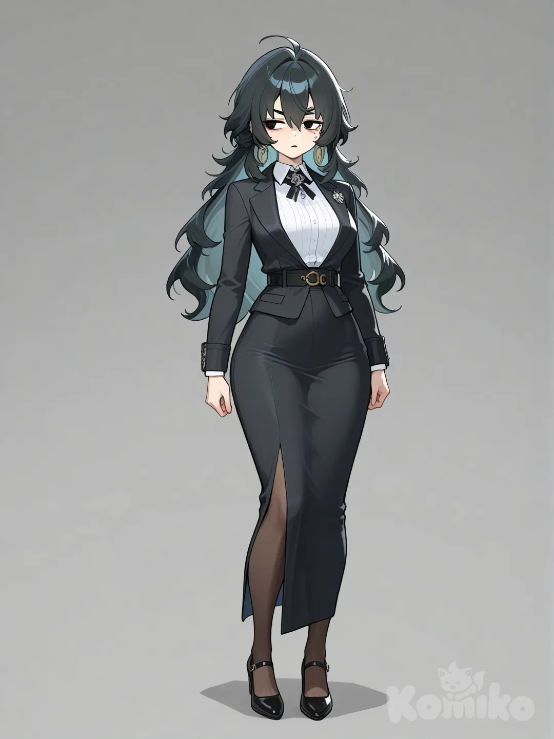 zenless zone zero, Amature girl, middle-aged and not very old, A girl of medium height, Athletic build, Slim waist, Hourglass waist shape, Slightly wide hips, Long black hair in a hairstyle of the 80s, oval head shape, black expressive eyebrows thin, almond-shaped eye shape, Black eye color, with blue rings near the black pupils of the eyes, Thin lips, a mole on her face, dressed in modern clothes and semi-office and chaotic Gothic style with, face stoic, mature female, full body, looking away, bags under the eyes, mature face serious