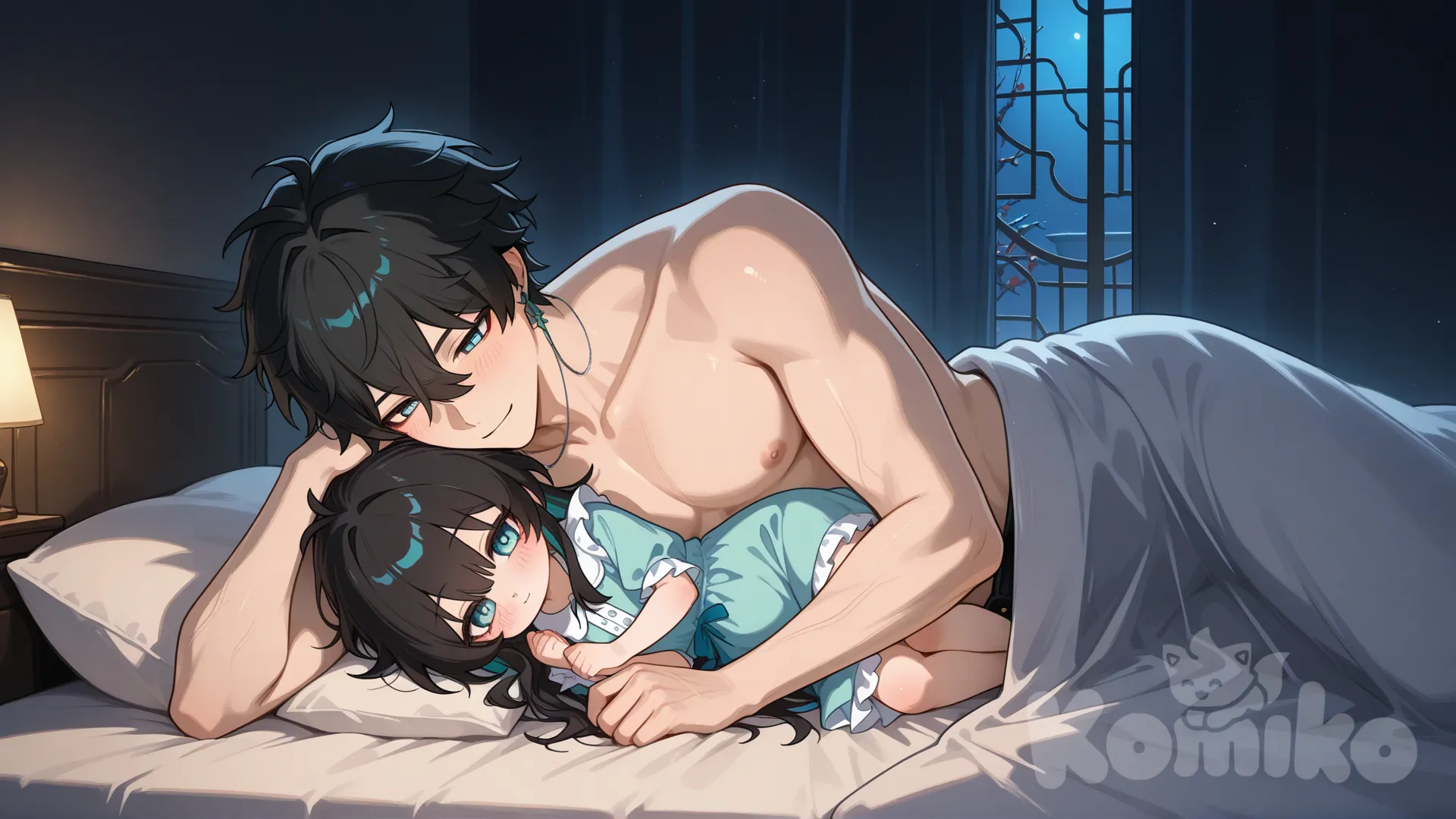 honkai: star rail, (slender male)dan heng (honkai: star rail),man with short black hair, cheeks blush little bit,bare body that cover with blanket lower body,in dark night room, one hand touching rubbing hair baby girl his daughter black hair blue-green eyes ,wear cute skirt clothes,lie on bed beside her father, Danheng lie on bed beside her, warm smile