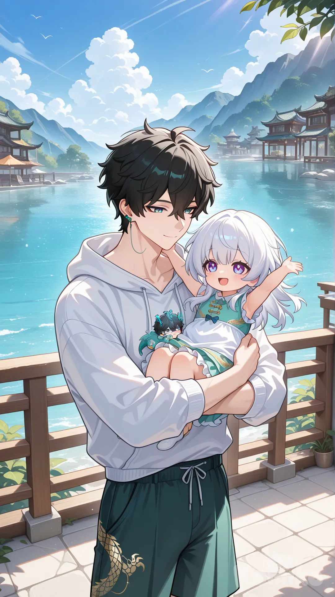 honkai: star rail, (slender male)dan heng (honkai: star rail),man with short black hair,wear vacation clothes, outside ,baby girl his daughter black hair blue-green eyes ,wear cute skirt clothes, happy, and baby boy his son black hair tip white purple eyes,wear cute hoodies dragon,hold them up in his arm, look at view, light day with windy