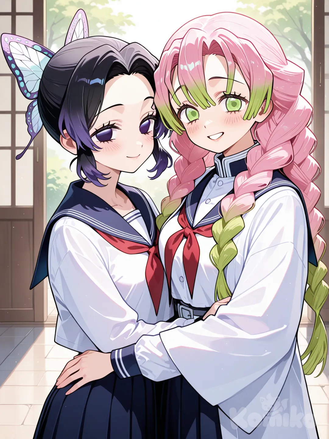 Kanroji_Mitsuri, school uniform, Kochou_Shinobu