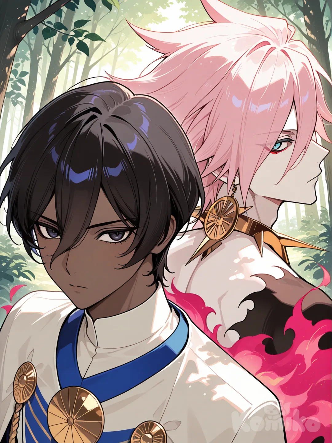 Arjuna (Fate) ,Karna (Fate) , back to back, upper body, forest