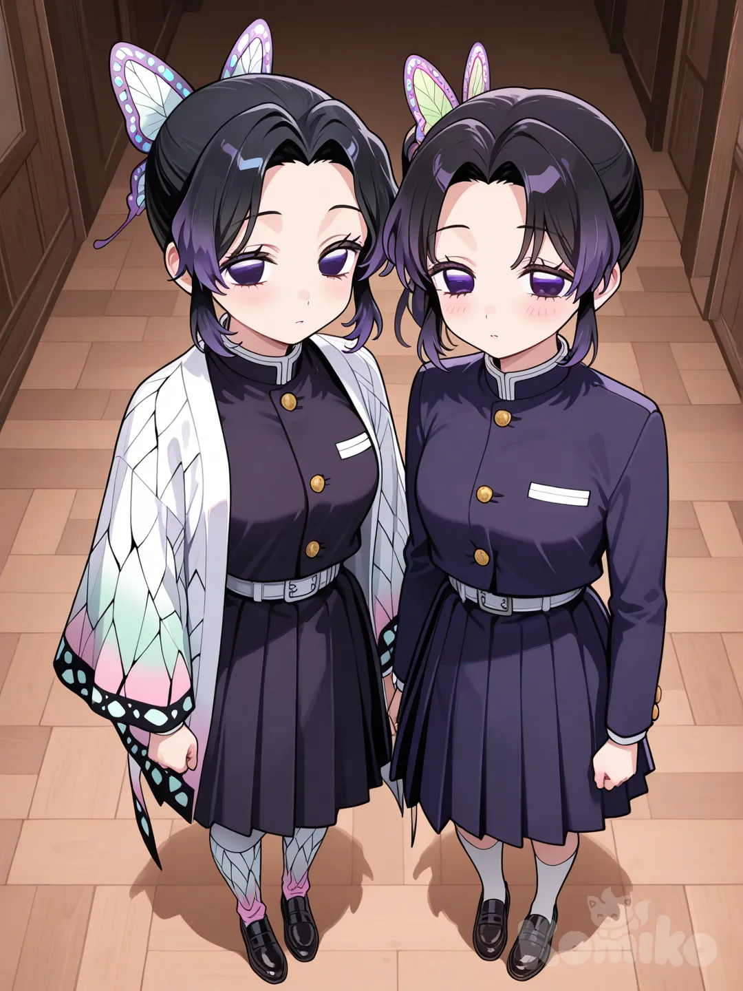 Tsuyuri Kanao, Kochou Shinobu, school uniform, full body, from above