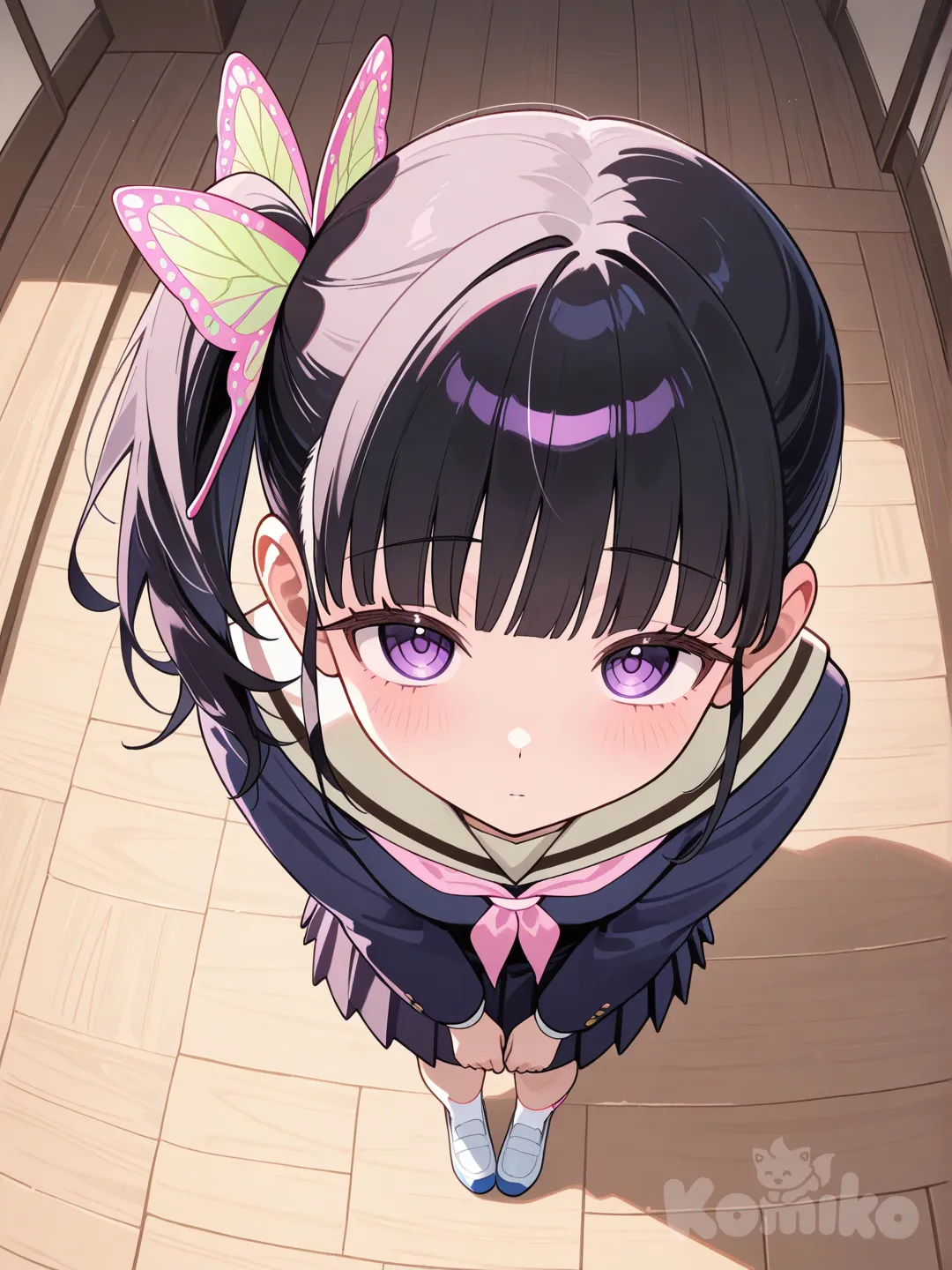 @Tsuyuri_Kanao, school uniform, full body, from above