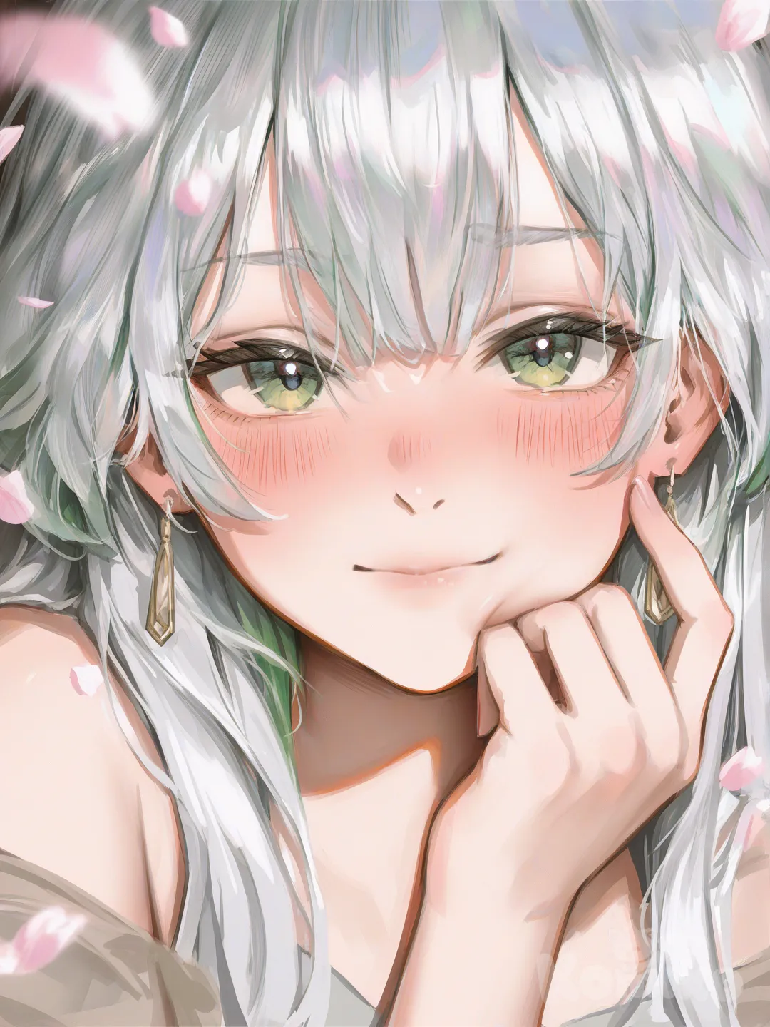 Anime style portrait of a beautiful woman with long silver-white hair, delicate features, emerald green eyes, blushing cheeks. She wears a delicate lavender evening gown. She is surrounded by a dreamy haze of pink and white cherry blossoms, looking softly at the viewer with a tender and affectionate expression. Soft focus, atmospheric, 8k., [radiant-coating-style]