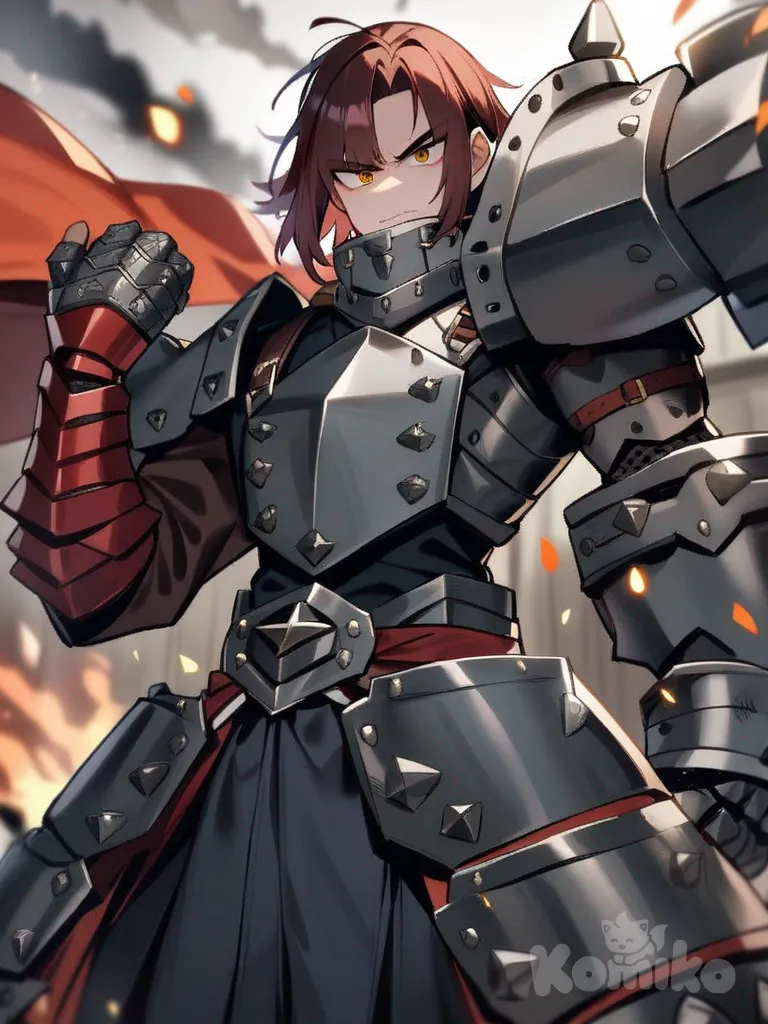 1boy, Ryo Kurogane, Ironclad, altura 1.85 m, cabello rojo oscuro, largo y rebelde, ojos dorados, mirada desafiante, un brazo completamente metálico, cadenas y placas de metal integradas a su uniforme, aspecto intimidante y dominante, masivo e imponente, presencia de villano/héroe anti-héroe, arrasa con todo a su paso, My Hero Academia style, original character in the world of My Hero Academia, single character, full body, looking at viewer, anime style, simple background, white background