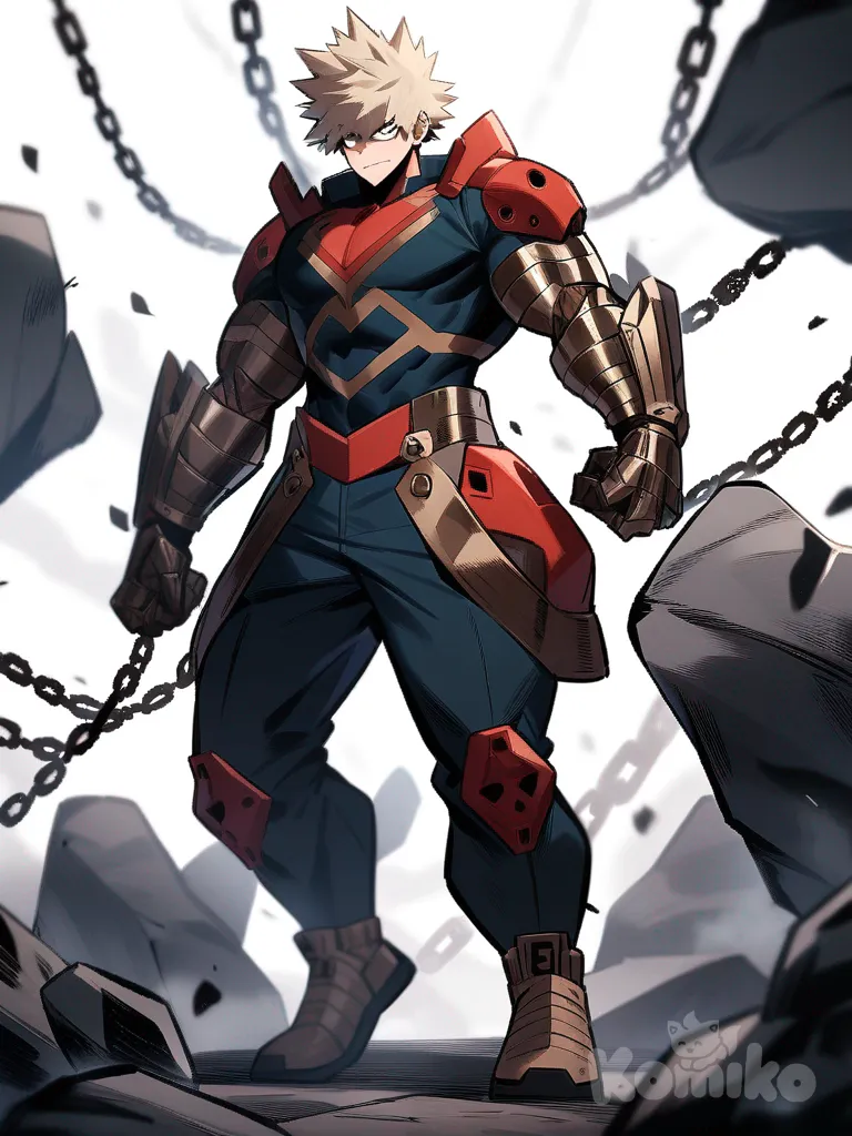 1boy, Personaje del universo de My Hero Academia, estilo Bakugo, brazo completamente metálico, cadenas, My Hero Academia style, original character in the world of My Hero Academia, single character, full body, looking at viewer, simple background, white background