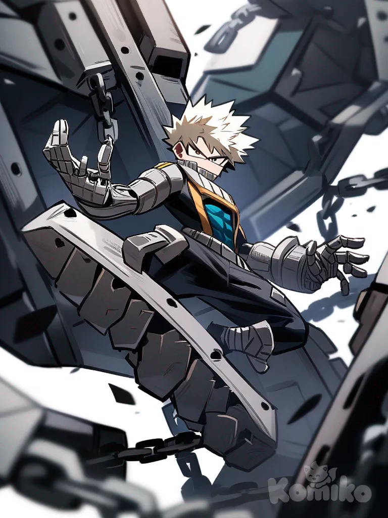 1boy, Personaje del universo de My Hero Academia, estilo Bakugo, brazo completamente metálico, cadenas, My Hero Academia style, original character in the world of My Hero Academia, single character, full body, looking at viewer, simple background, white background