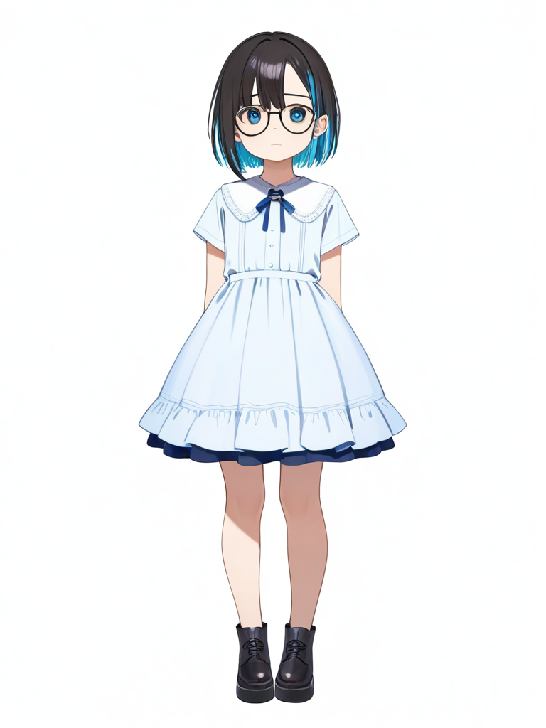1girl, short_hair, multicolored_hair, glasses, shy, angel_dress, teenager, single character, full body, looking at viewer, anime style, simple background, white background