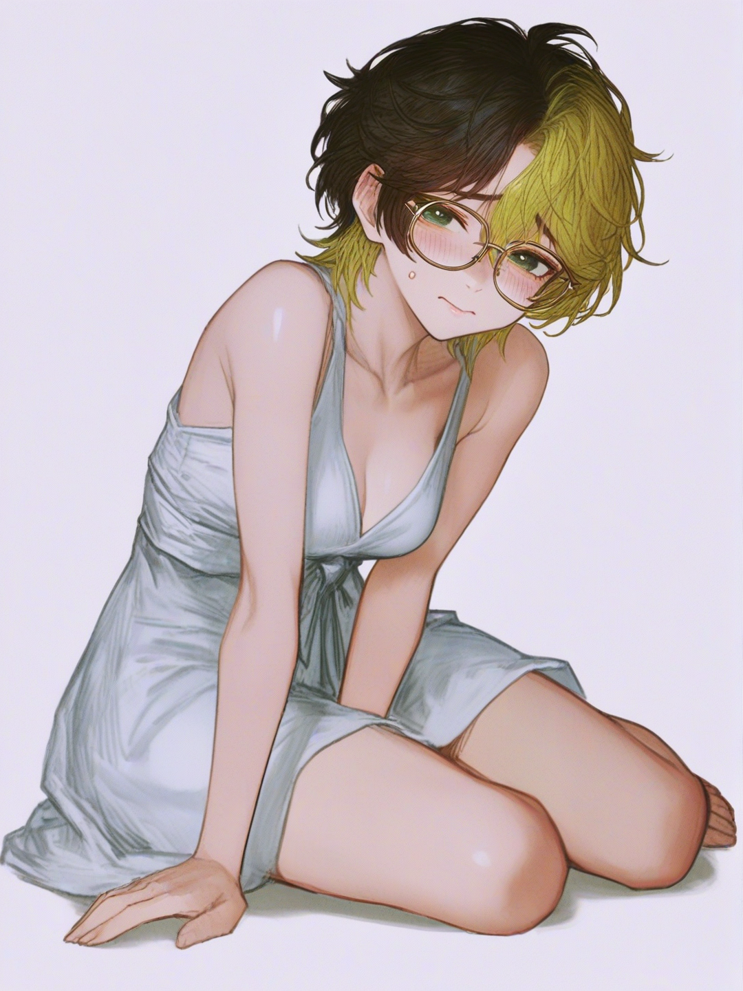 [semi-realistic-portrait-style] 1girl, short_hair, multicolored_hair, glasses, shy, angel_dress, teenager, single character, full body, looking at viewer, anime style, simple background, white background