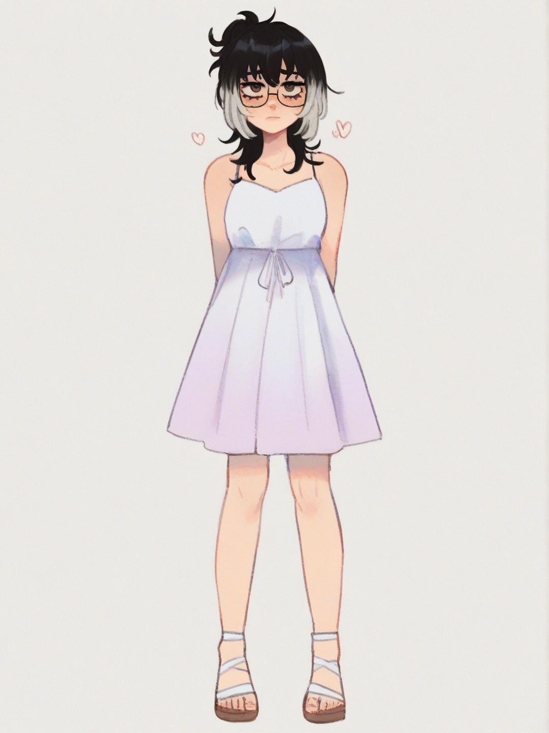 [soft-shaded-moe-style] 1girl, short_hair, multicolored_hair, glasses, shy, angel_dress, teenager, single character, full body, looking at viewer, anime style, simple background, white background