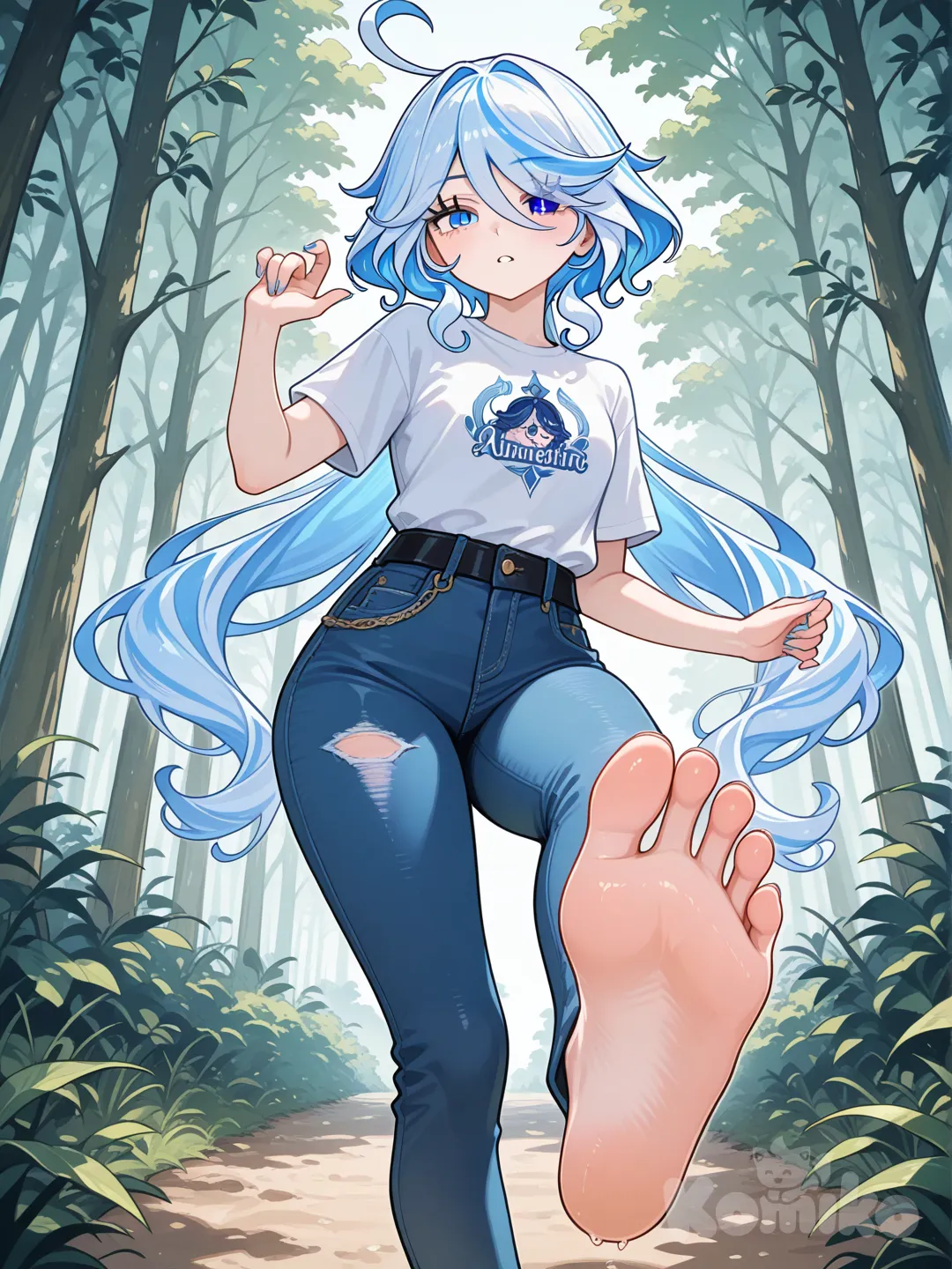 @Furina_(Genshin_Impact), outdoor adventure , jeans, t-shirt, upper body furina (genshin impact), sexy soles long blue, long nails