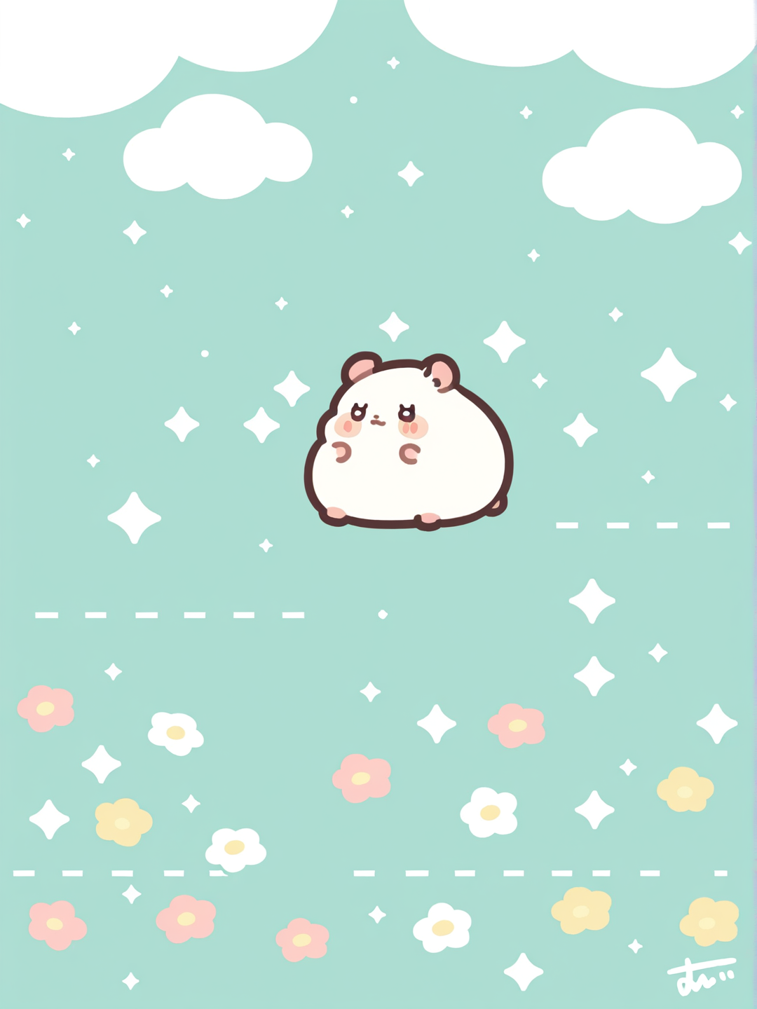 @Chiikawa, solo, ethereal lighting, day, field, cloud, blue sky, sparkle, no human, fluffy, hamster, animal, happy aura, white fur, small, wide shot, multicolored flower, [glossy-chibi-style]