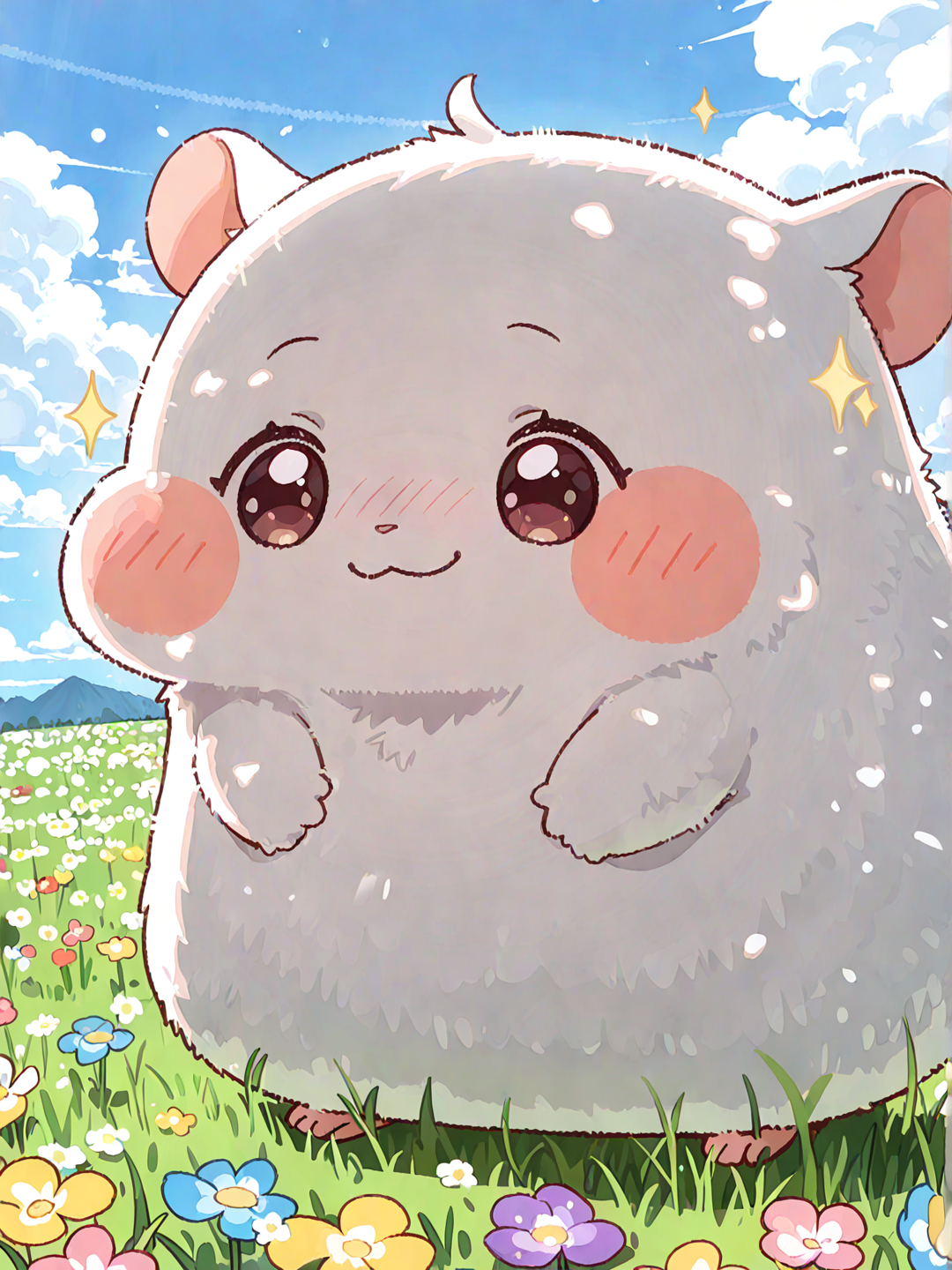 @Chiikawa, solo, ethereal lighting, day, field, cloud, blue sky, sparkle, no human, fluffy, hamster, animal, happy aura, white fur, small, wide shot, multicolored flower, [trickcal-chibi-style]
