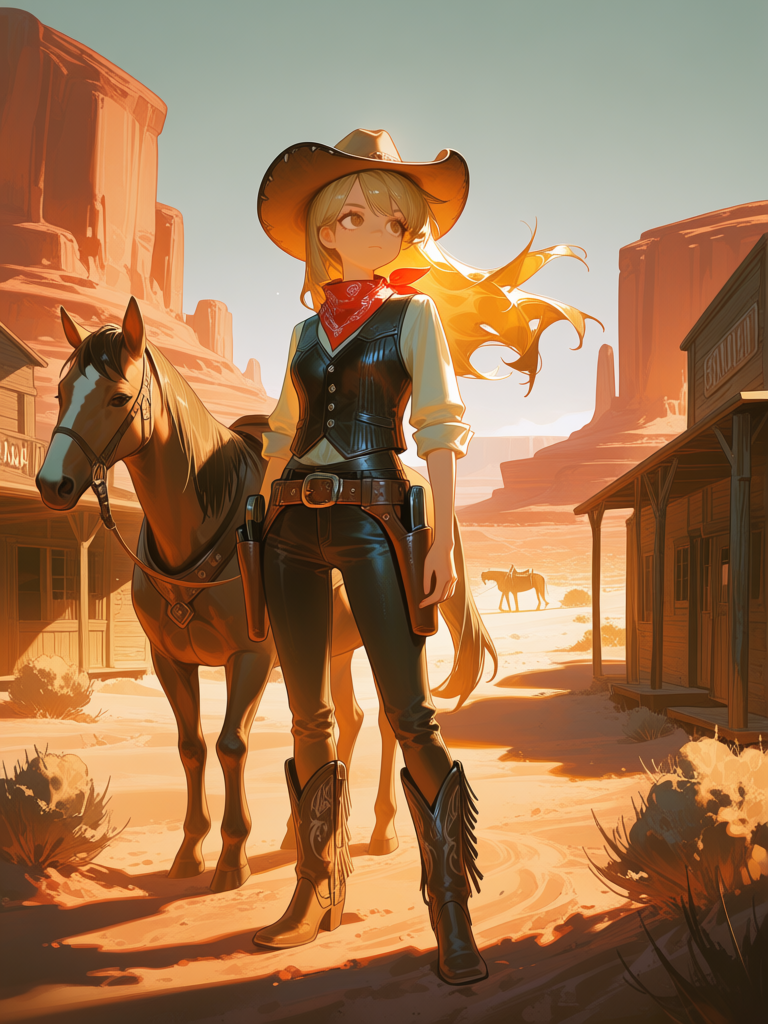 furry, fox, girl, brown eyes, ringed eyes, long hair, blonde hair, cinematic western cow girl, rugged Pretty fmale cow girl, standing confidently in a dusty frontier town, weathered leather cowboy hat, dark leather vest, rolled-up shirt sleeves, bandana around neck, gun belt, holster, cowboy boots, lovely face, windswept hair, looking into the distance, old wooden saloon buildings, sheriff office, desert landscape, red rock mesas, horse standing beside him, warm golden sunlight, dramatic shadows, dusty atmosphere, photorealistic, ultra realistic skin texture, cinematic composition, western movie scene, [high-gloss-illustration-style], soft shadow, acrylic paint (medium)
