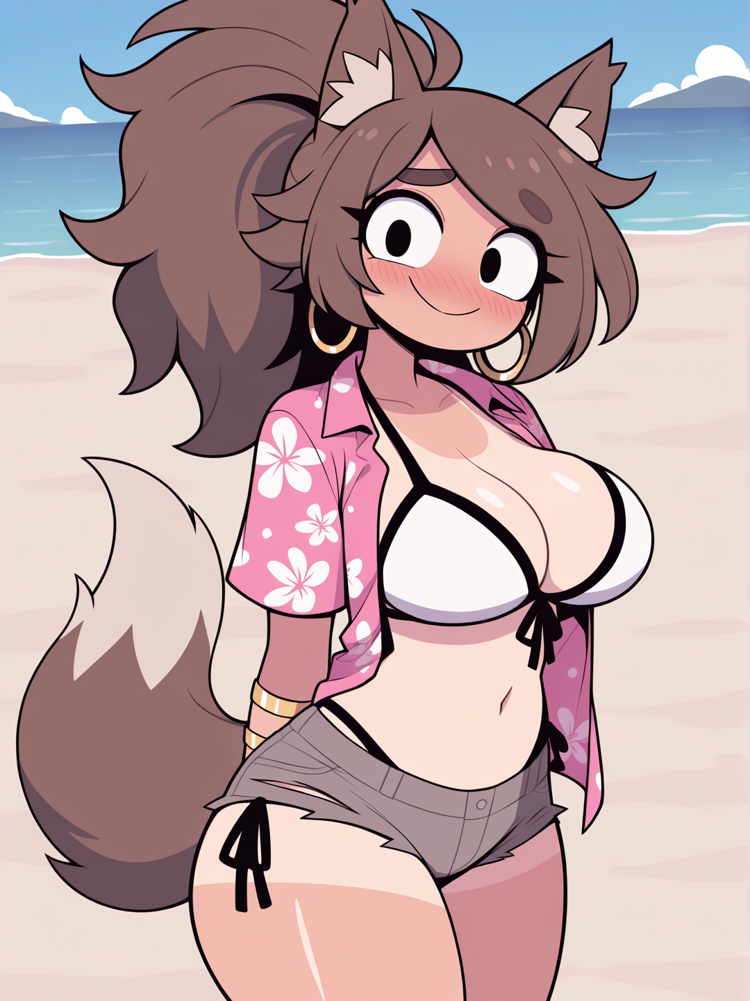 solo, 1girl, curvy, shiny skin, tanlines, high ponytail, brown hair, wolf ears, wolf tail, dot eyes, large breasts, gold bracelet, hoop earrings, bikini, summer uniform, pink shirt, hawaiian shirt, open clothes, torn shorts, side-tie panties, looking at viewer, [pop-toon-style]