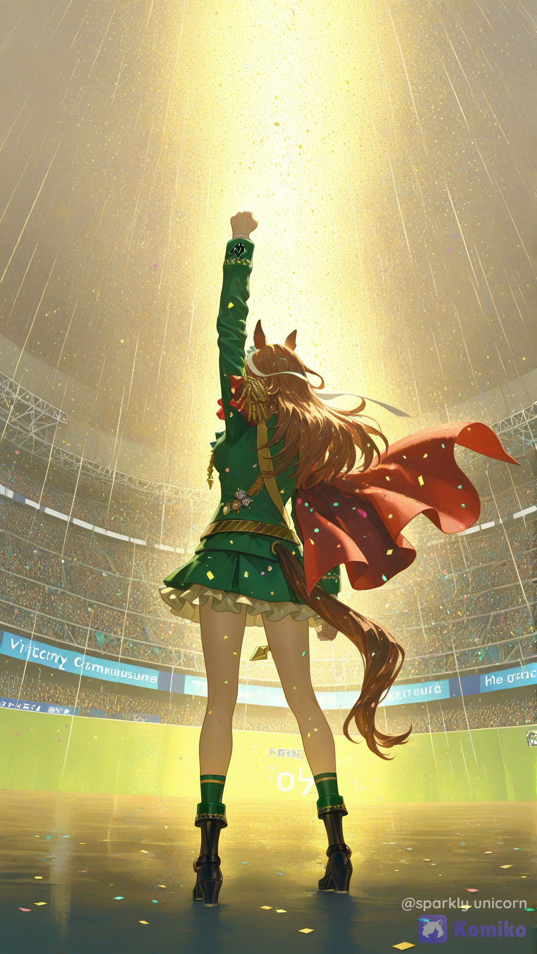 @Symboli_Rudolf_(Umamusume) In an extremely commander uniform, facing away towards massive wide horse racing crowd, standing in victory pose with one fist in the air, legs spread, raining down bright pink, turquoise and yellow confetti, [sensual-glossy-style]