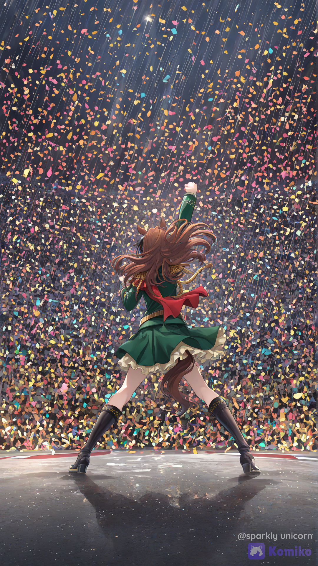 @Symboli_Rudolf_(Umamusume) In an extremely commander uniform, facing away towards massive wide horse racing crowd, standing in victory pose with one fist in the air, legs spread, raining down bright pink, turquoise and yellow confetti, [ethereal-fantasy-style]