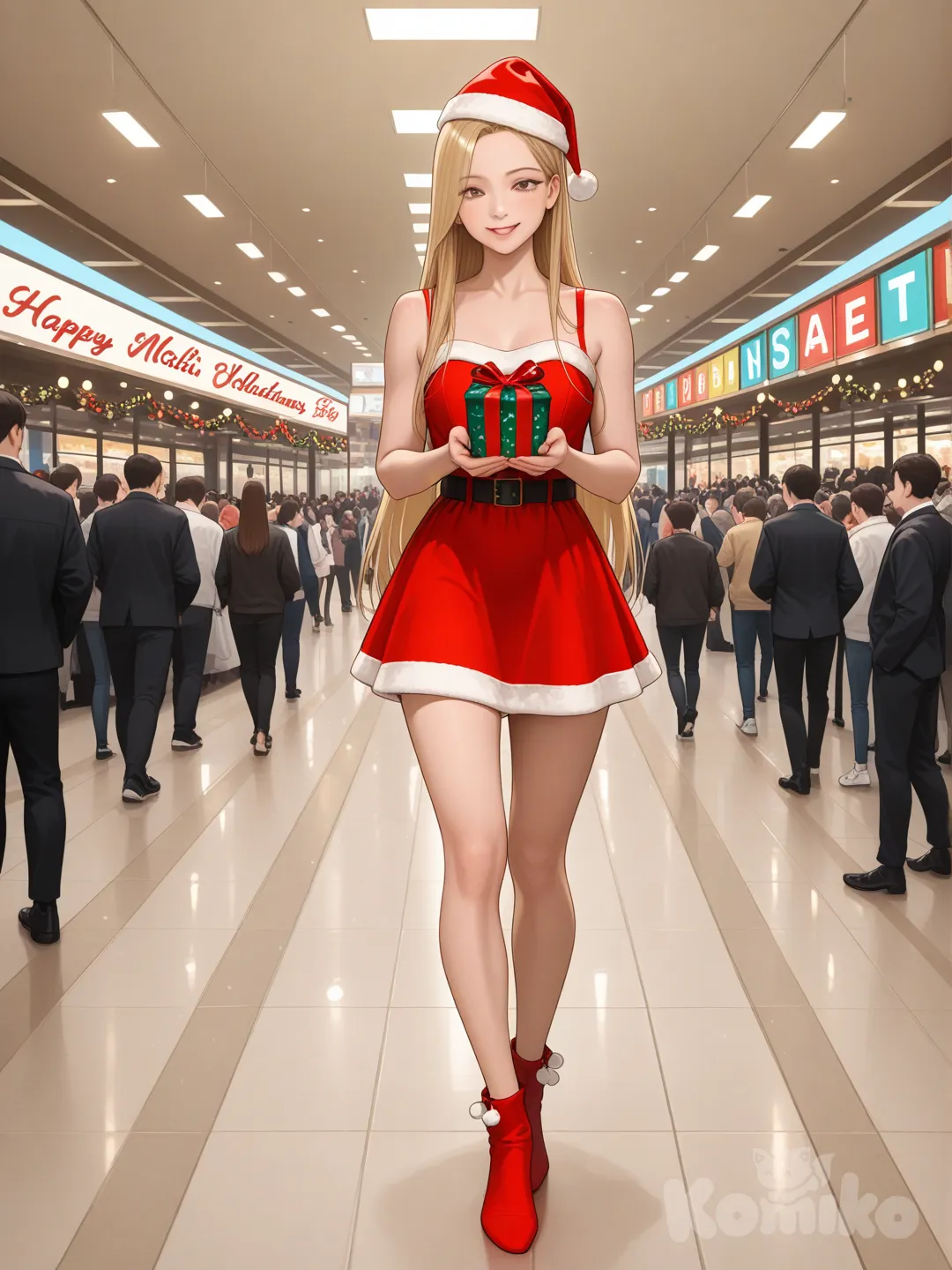 A highly photograph shows a 25-year-old woman, athletic, beautiful, and slender, in a full-body shot with a realistic figure. The image captures a stunning woman standing with super-long, straight blonde hair. Her brown eyes radiate confidence, and her radiant smile is reflected in a shopping mall decorated with Christmas motifs. The mall is bustling with activity and adorned with twinkling lights, colorful decorations, and a "Happy Holidays" greeting. In the center, a young blonde woman wearing a mini dress whimsical Santa hat and festive attire holds small gifts and Christmas accessories, adding a touch of whimsy to the lively scene. Her sleek, well-defined hair, with the name "Luis Arcy" floating delicately at her feet, reflects her passion for music and art and infuses a charming musical air into the festive Christmas atmosphere.