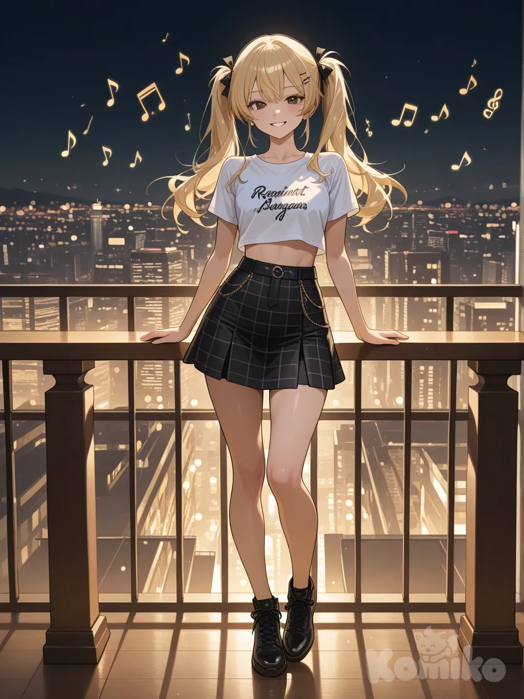 An ultra-photograph shows a full-length athletic young woman de 25 años, hermosa y esbelta, con un cuerpo realista. with long, vibrant blonde hair in pigtails. Her brown eyes radiate confidence with a radiant smile standing elegantly perched on a table on the balcony of a high-rise skyscraper, her captivatingly black and transparent eyes gazing confidently into the camera. She wears a trendy checkered black mini skirt and a white cropped top. The background is softly blurred, showcasing a vibrant cityscape bathed in the warm glow of numerous city lights, creating a dynamic and modern nighttime atmosphere. El fondo realza la silueta de la mujer. Su cabello luce liso y bien definido, con suaves notas musicales y el nombre "Luis Arcy" flotando suavemente alrededor de sus pies.