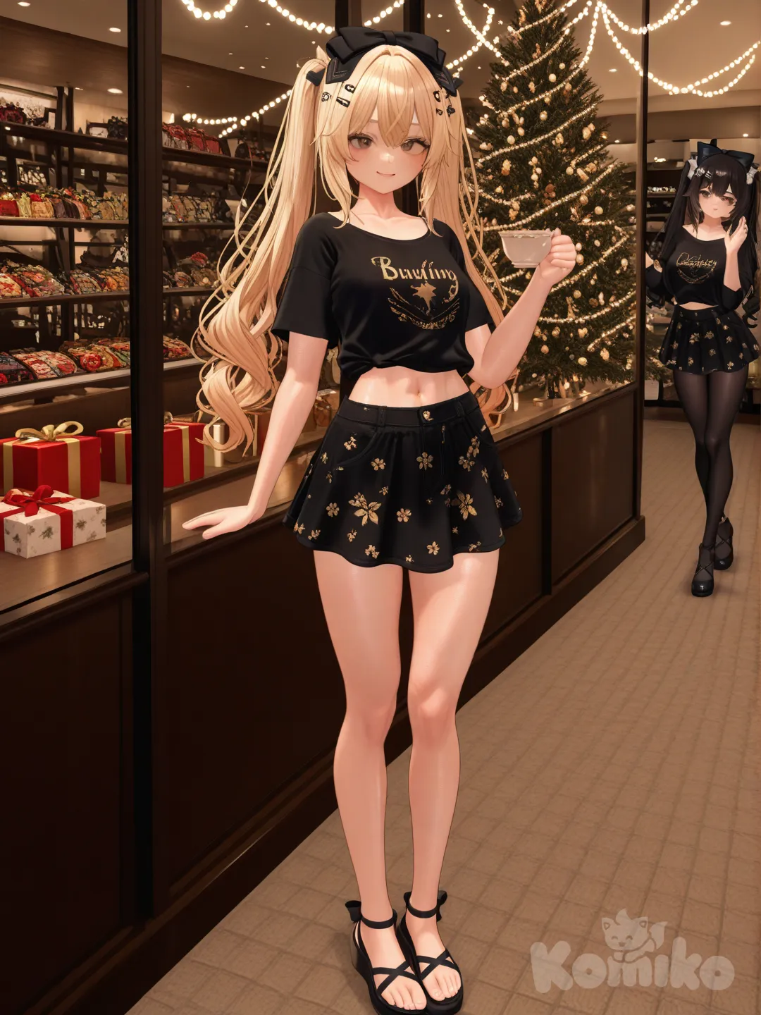 An ultra-photograph shows a full-length athletic young woman de 25 años, hermosa, con un cuerpo realista. with long, vibrant blonde hair in pigtails. Her brown eyes radiate confidence with a radiant smile She stands gracefully beside an elegant Christmas gift shop, wearing a stylish black ensemble with a miniskirt and a charming bow in her hair. She delicately holds a cup of tea. The background is a feminine space with soft gold tones, light pinks, and floral prints. The atmosphere is bright, fresh, and inspiring. In the background, a bustling shopping mall with festive Christmas lights can be seen. Her hair is sleek and well-defined, adorned with soft musical notes and the name "Luis Arcy" floating gently around her feet, reflecting her passion for music and art., [3d-anime-style]