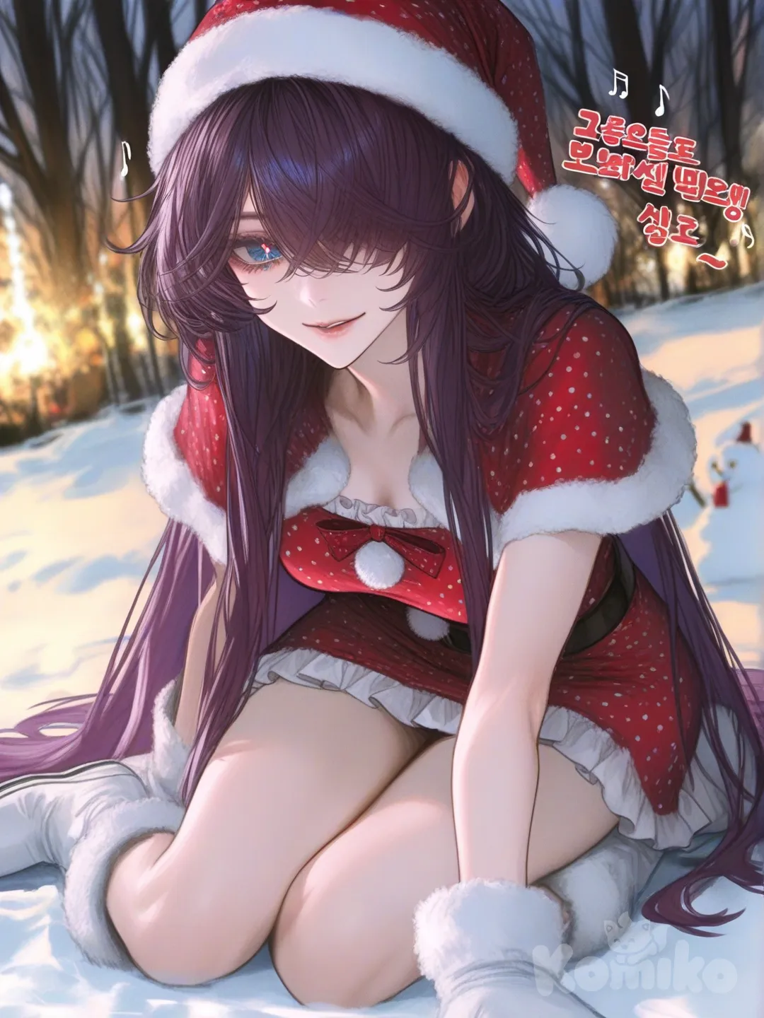 A photograph in the style of Annie Leibovitz depicts a full-length view of a striking 25-year-old woman, her athletic and slender physique accentuated by a playful red polka-dotted dress and fluffy white boots, embodying a whimsical holiday spirit. Her super-long, straight purple hair cascades around her, framing captivating blue eyes that sparkle with confidence and a radiant smile, while a festive Santa Claus hat adds a touch of cheer. Soft musical notes and the name "Luis Arcy" gently float around her feet, shimmering subtly and reflecting a harmonious atmosphere, all bathed in the warm glow of diffused golden light against a backdrop of softly blurred, snow-dusted evergreens. The overall scene evokes a feeling of artistic flair and joyous celebration, meticulously capturing the beauty and vibrancy of the moment., [semi-realistic-portrait-style]