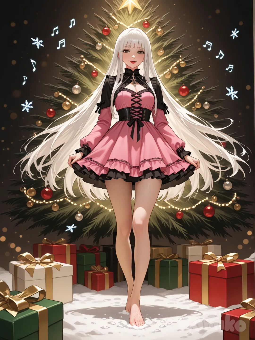 An ultra-photograph shows a full-length, athletic, beautiful, and slender 25-year-old woman with a realistic body. capturing a stunning woman stand with super-long, straight white hair Her brown eyes radiate confidence with a radiant smile with pure white hair, surrounded by gently floating snow. Her striking blood-red lips are curved into a captivating smile, and the edge of a gothic-style BLACK AND pink mini dress is visible. The background showcases a beautifully decorated Christmas tree, adorned with shimmering ornaments and wrapped in intricate lights. Surrounding the tree are exquisitely wrapped Christmas gifts, and the festive atmosphere is enhanced by a dazzling array of decorations. The overall ambiance of the scene is enchanting and magical, evoking a sense of wonder and joy. Su cabello luce liso y bien definido, con suaves notas musicales y el nombre "Luis Arcy" flotando suavemente alrededor de sus pies reflejando su pasión por la música y el arte.