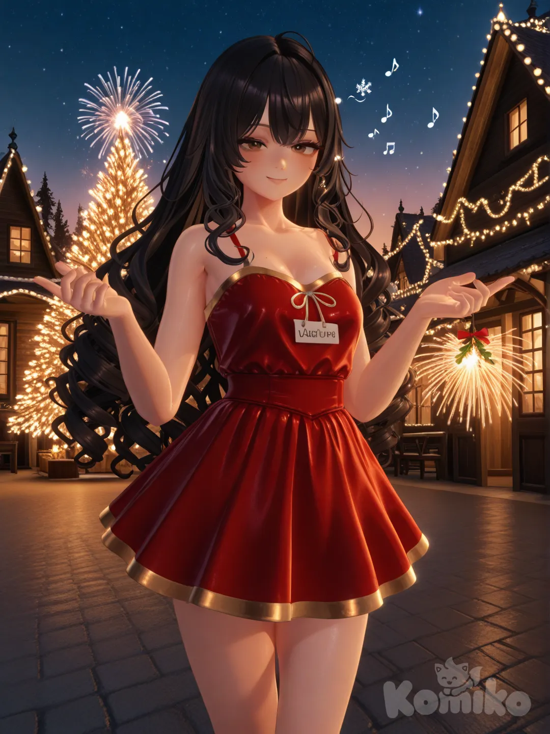 a photo of a woman with a realistic body Her voluminous, dark brown, curly hair cascades down in intricate spiral curls and deep shadows. Her brown eyes radiate confidence with a radiant smile With fair skin and sleek black hair adorned with charming bangs, her face radiates a bright smile. She wears an elegant red and gold minidress against the backdrop of a sun-drenched Old West town, with its enchanting wooden buildings and palpable sense of history, all bathed in a warm and inviting light that enhances the captivating and heartwarming essence of the holiday season. A magical backdrop of colorful lights and fireworks, embellished with festive stars, snowflakes, and mistletoe, creates a playful and flirtatious atmosphere. The background is filled with a stunning starry sky, adding depth and enchantment to the image. Festive decorations enhance the Christmas theme, transforming the scene into a captivating and unforgettable holiday memory. Her hair is sleek and well-defined, with soft musical notes and the name "Luis Arcy" gently floating around her, reflecting her passion for music and art., [3d-anime-style]