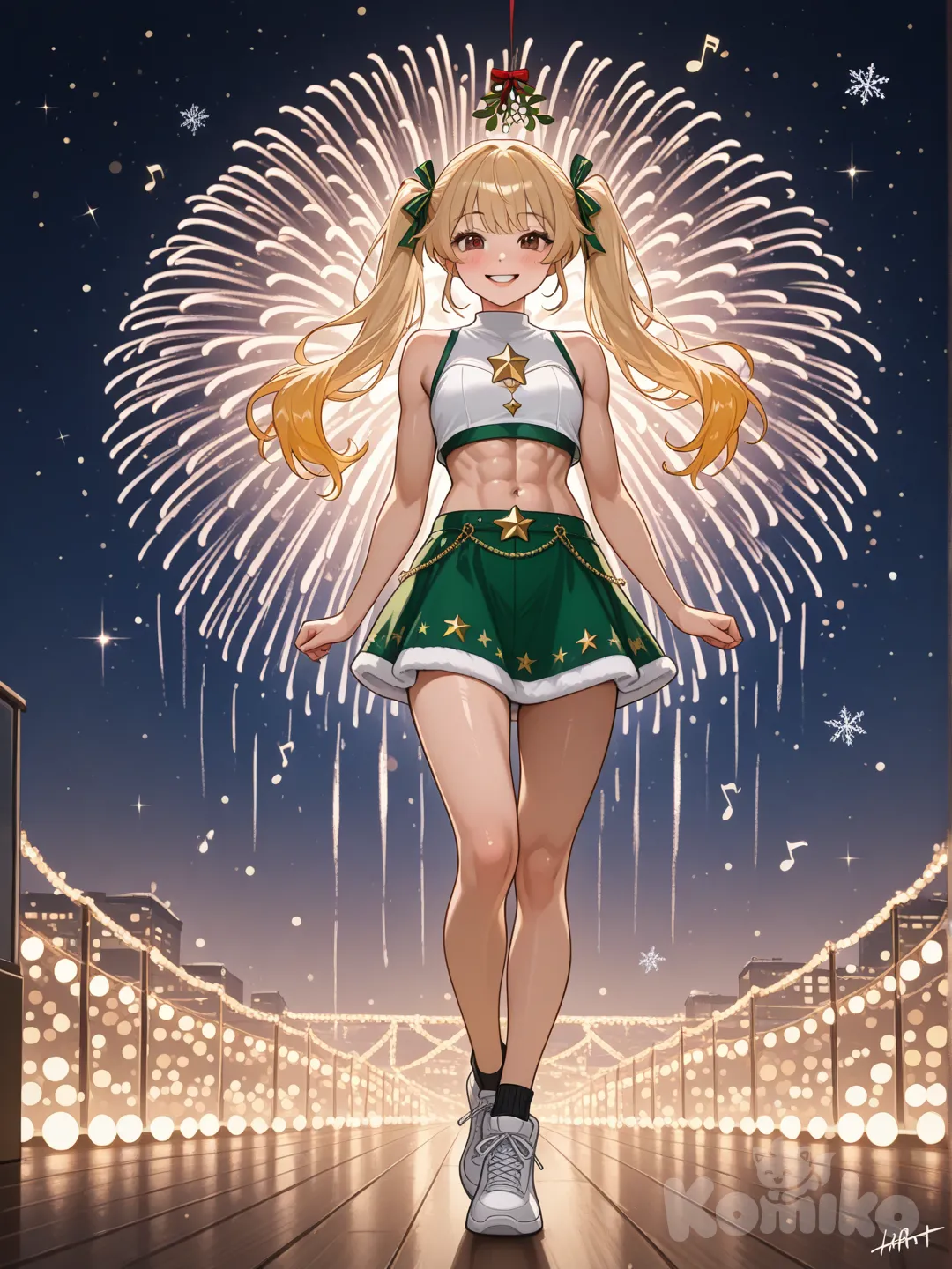 A highly photograph shows a young, athletic woman in full view, her long, vibrant blonde hair styled in pigtails. Her brown eyes radiate confidence, and she wears a radiant smile, sporting a green miniskirt and a white top. The background is magical: colorful lights and fireworks, adorned with festive stars, snowflakes, and mistletoe, create a joyful and flirtatious atmosphere. A stunning starry sky adds depth and charm to the image. The festive decorations enhance the Christmas theme, transforming the scene into a captivating and unforgettable holiday memory. Her hair appears sleek and well-defined, with soft musical notes and the name "Luis Arcy" gently floating around it, reflecting her passion for music and art.