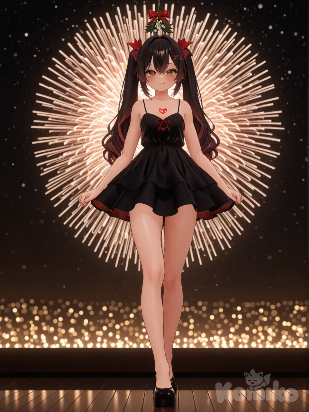 An ultra-photograph shows a full-length athletic young woman with long, vibrant black hair in pigtails. Her brown eyes radiate confidence with a radiant smile She stands gracefully in a flowing black mini dress playfully adorned with turquoise and red heart motifs, her posture conveying assurance as she looks directly at the viewer. Set against a magical backdrop of colored lights and fireworks adorned with festive stars, snowflakes, and mistletoe, creating a playful and flirtatious atmosphere. The background is filled with a striking starry sky, adding depth and enchantment to the image. Festive decorations enhance the Christmas theme, transforming the scene into a captivating and unforgettable holiday memory. Su cabello luce liso y bien definido, con suaves notas musicales y el nombre "Luis Arcy" flotando suavemente alrededor de sus pies reflejando su pasión por la música y el arte., [3d-anime-style]