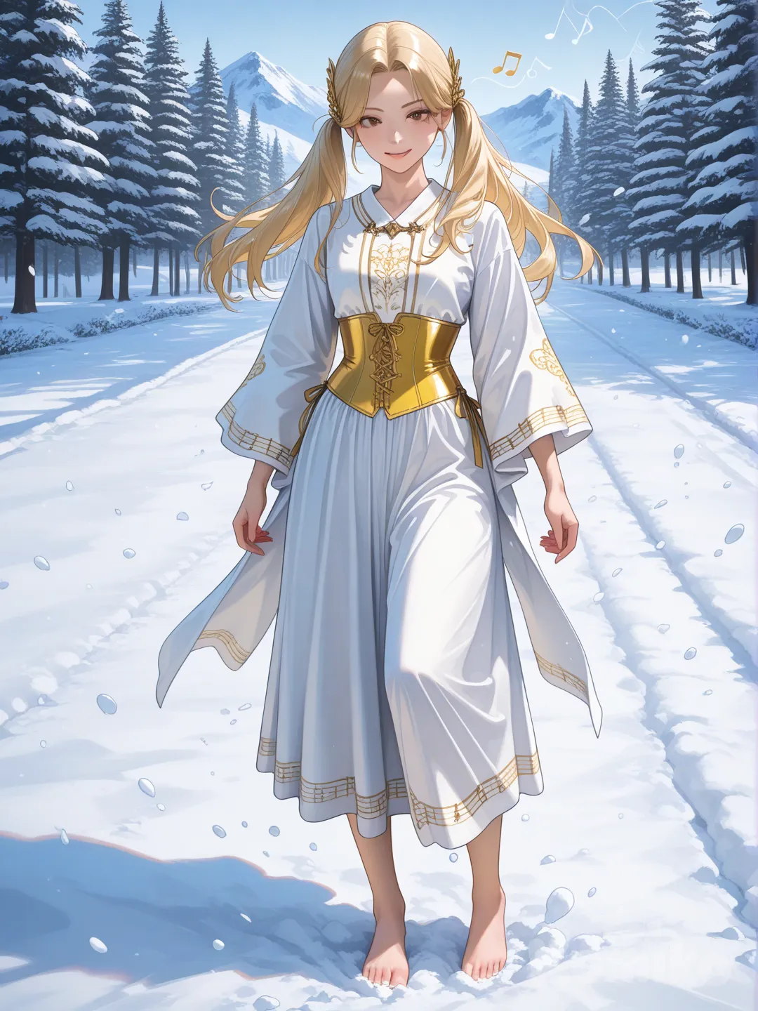 An ultra-photograph shows a full-length athletic young woman de 25 años, hermosa, con un cuerpo realista. with long, vibrant blonde hair in pigtails. Her brown eyes radiate confidence with a radiant smile standing elegantly in a serene winter landscape. She is dressed in a sultry corset with black and yellow detailing, accentuating her divine beauty. Surrounding her, twinkling lights cast Su cabello luce liso y bien definido, con suaves notas musicales y el nombre "Luis Arcy" flotando suavemente alrededor de sus pies reflejando su pasión por la música y el arte.. This stunning portrait captures the essence of fashion, poster-worthy photography, and an ethereal connection to the arts.