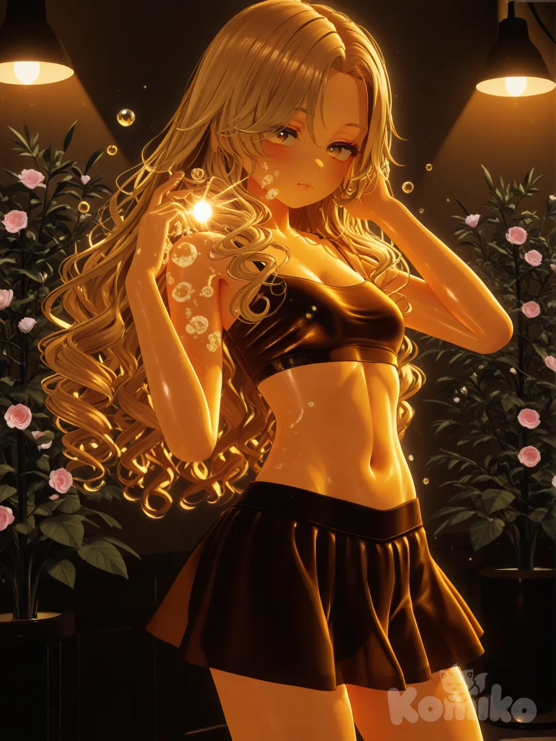 A dreamy portrait of a young woman standing gracefully in a flowing miniskirt and fitted top, her vibrant curly blonde hair cascading over her shoulders as soft natural light illuminates her flawless, radiant skin. She poses elegantly with one hand gently touching her hair, surrounded by translucent soap bubbles that drift lazily through the air, each one catching and reflecting the warm golden light. Below her, a delicate musical treble clef is artistically intertwined with the name "Luis Arcy" rendered in flowing, elegant script lettering. The background features a lush garden setting with delicate pink and white flowers blooming among rich green foliage, while the entire scene is bathed in warm amber and rose-gold hues that create a magical, ethereal atmosphere., [3d-anime-style]