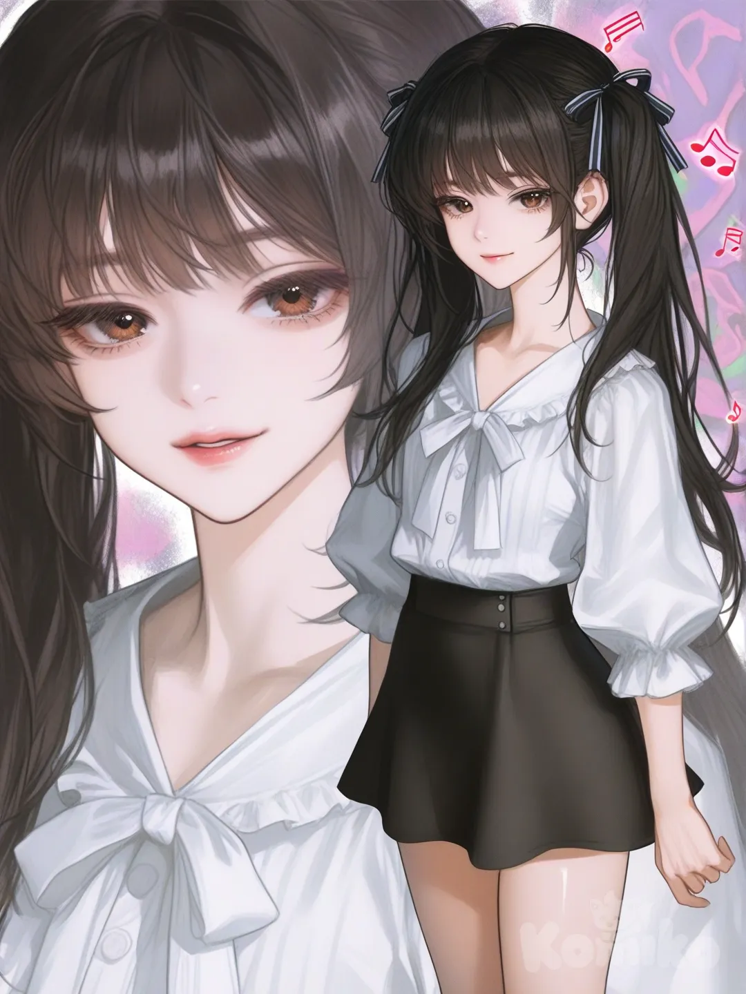 An ultra-photograph of a realistic, beautiful and slim 25-year-old young woman. She is wearing a fitted white blouse and brown miniskirt. She has long black hair in pigtails, vibrant and tied with shiny ribbons and a radiant smile. Her eyes are brown. The background features Japanese graffiti that says 'The girl from Arcy'. The background emphasizes the silhouette of the woman. Her hair looks smooth and well-defined, with soft musical notes and the name 'Luis Arcy' gently floating around her feet., [semi-realistic-portrait-style]