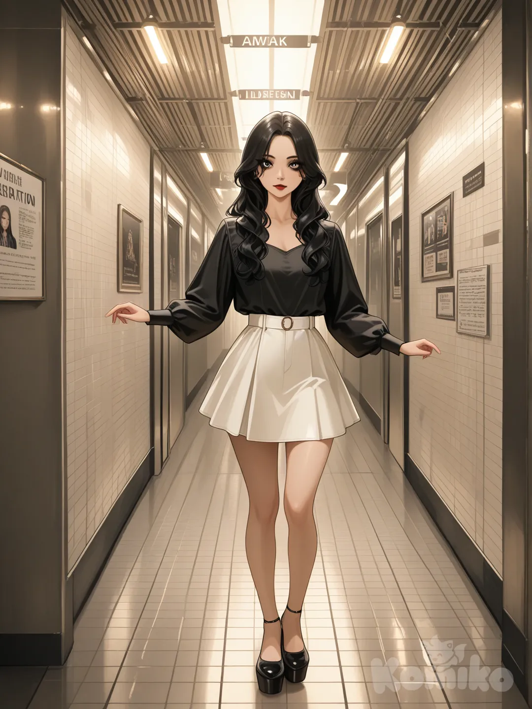 A striking photograph captures a young woman standing gracefully, her long, wavy black hair falling elegantly to one side, framing her face with an ethereal glow. She wears an elegant white miniskirt with a black blouse, and her large, bright eyes, enhanced by dark mascara, radiate a touch of elegance. At her feet, the text "Luis Arcy" intertwines with dancing musical notes, lending a whimsical and artistic touch to the scene. The background is a London Underground tube station.