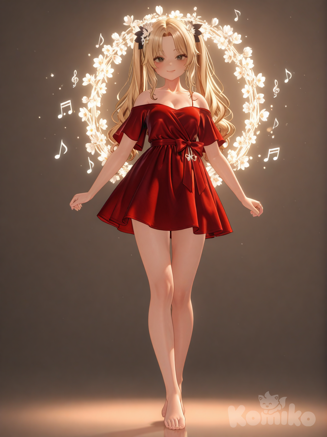 An ultra-detailed photograph shows a full-length athletic young woman de 25 años, hermosa, con un cuerpo realista. with long, vibrant blonde hair in pigtails. Her brown eyes radiate confidence with a radiant smile She is intricately framed by delicate flowers that weave around her, creating a soft, warm glow. She wears a short, off-the-shoulder red mini dress and a slight slip that exposes her legs, adding a touch of elegance., enhancing its serene atmosphere, set against a backdrop of blooming cherry blossoms. Su cabello luce liso y bien definido, con suaves notas musicales y el nombre "Luis Arcy" flotando suavemente alrededor de sus pies reflejando su pasión por la música y el arte.